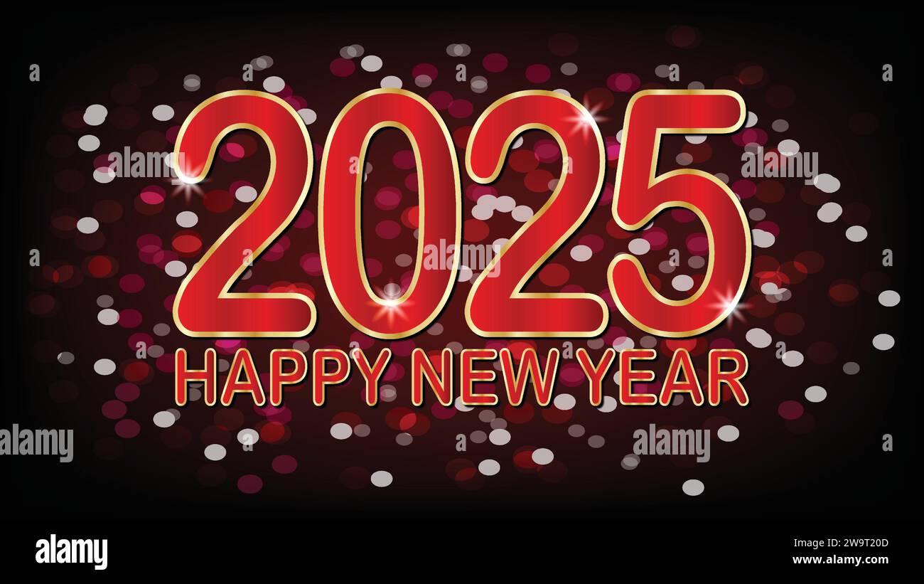 2025 Grußkarte „Happy New Year“. Vektor-Illustration von Happy New Year 2025 auf Bokeh-Hintergrund. Stock Vektor
