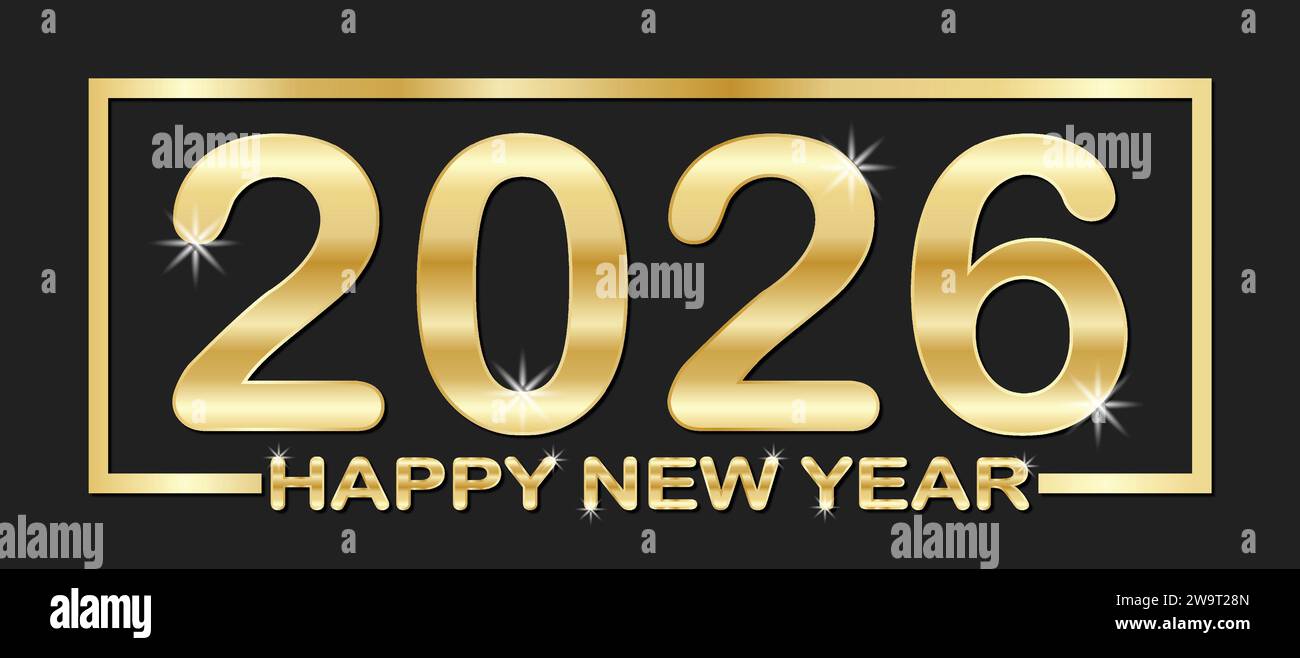 Happy New Year 2026 Goldtext auf schwarzem Hintergrund. Vektorabbildung. Stock Vektor