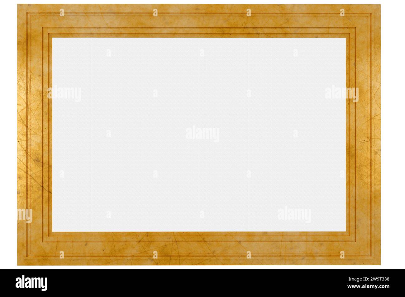 Goldener Rahmen, mit zentralem Leerraum für die mögliche Einfügung von Bildern oder Text. 3D-Illustration Stockfoto