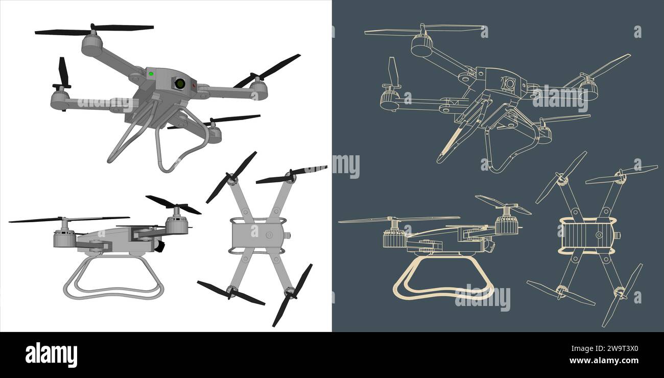 Vektordrohne oder Quadcopterlinie Drahtmodell Blueprint Stock Vektor