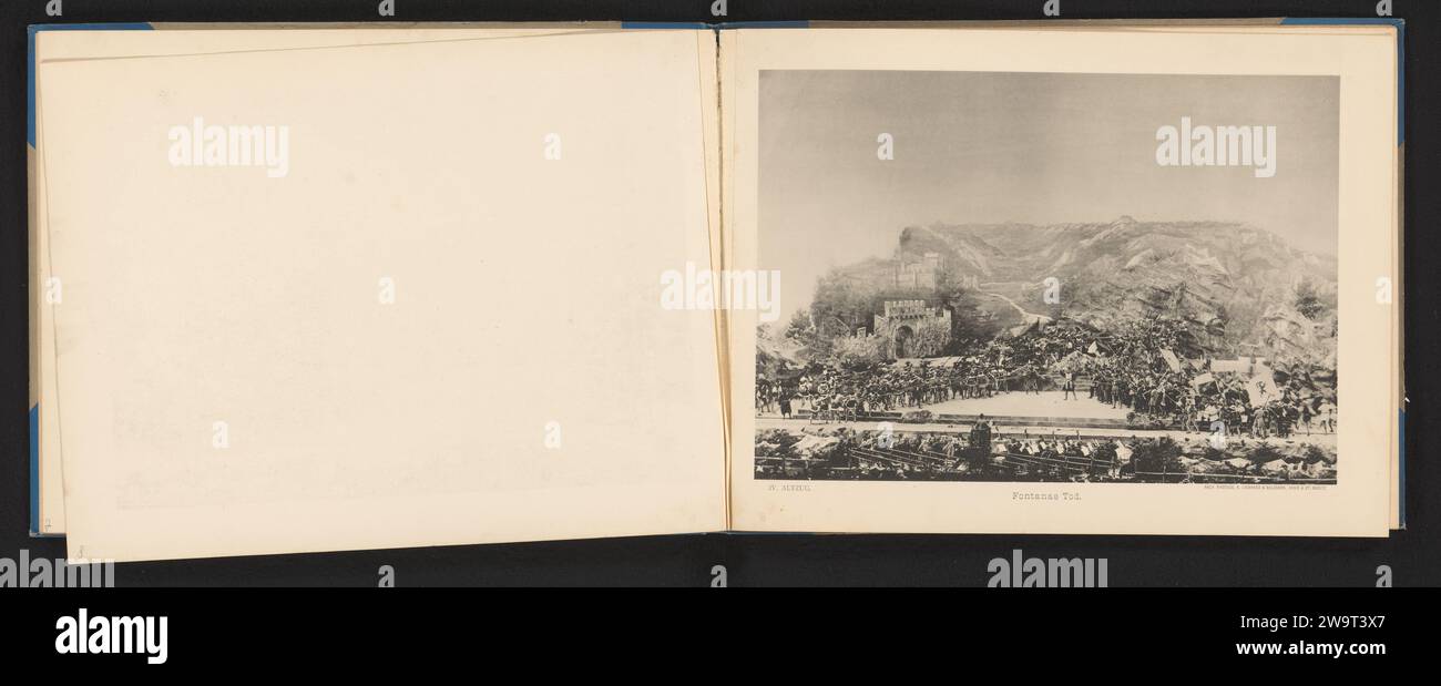 Blick auf den Tod von Benedikt Fontana während der Calven-Feier in Chur, Lienhard & Salzborn, um 1898 - in oder vor 1899 fotomechanischen Druck stellte Papier Kollotypengruppe von Schauspielern, Truppe; Schauspieler auf die Bühne. Sterben. Berge Stockfoto