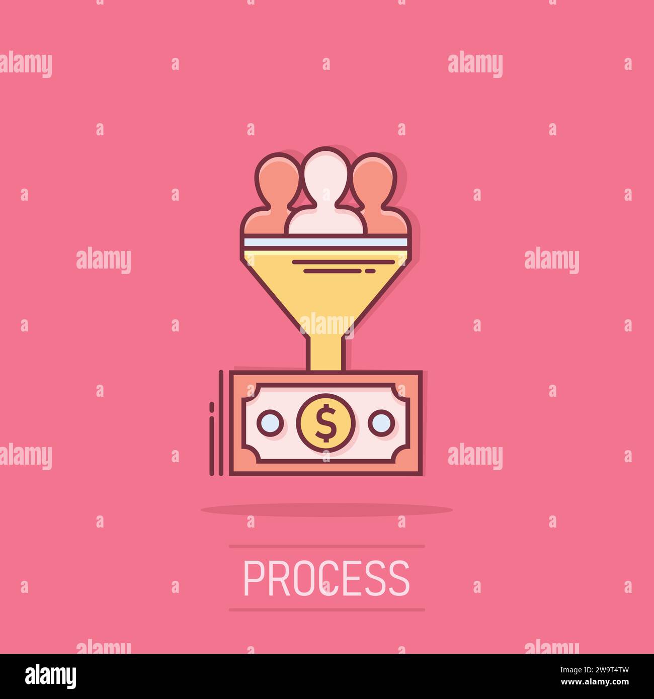 Lead Management Symbol im Comic-stil. Trichter mit Menschen, Geld vektor Cartoon Illustration Piktogramm. Ziel client Business Konzept splash Wirkung. Stock Vektor