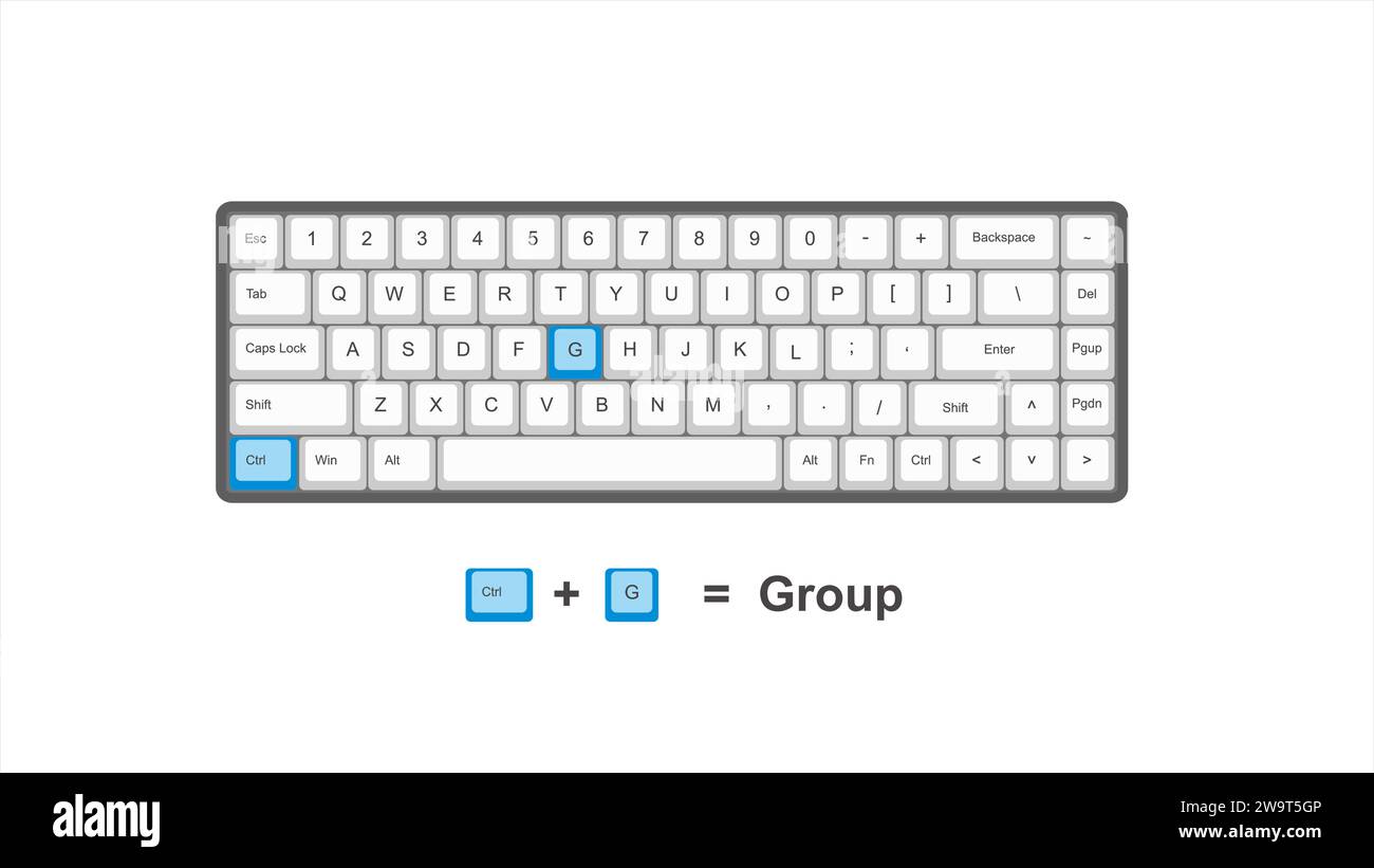 Vektorsteuerung Strg G Gruppe - Tastenkombinationen - Fenster mit weißer und blauer Abbildung der Tastatur und transparentem Hintergrund isolierter Hotk Stock Vektor