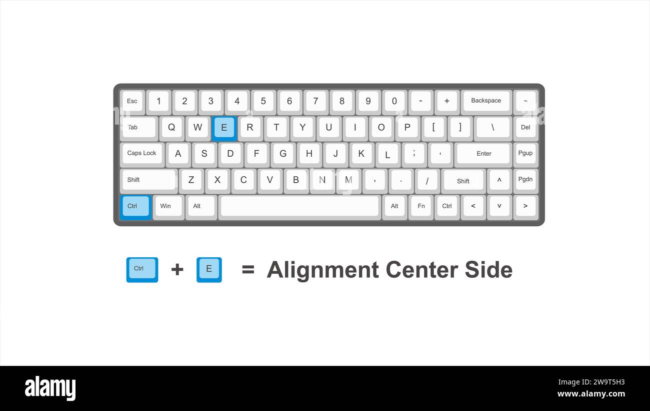 Vektorsteuerung STRG E Tastenkombinationen für Ausrichtung Mitte - Fenster mit weißer und blauer Abbildung der Tastatur und transparentem Hintergrund isoliert heiß Stock Vektor