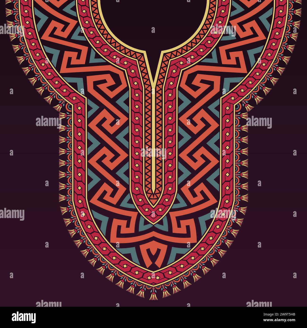 Farbenfrohes Halsdesign im antiken griechischen Stil mit griechischen Schlüssel-, geometrischen und ägyptischen Lotusmustern auf dunklem lila Hintergrund. Stock Vektor