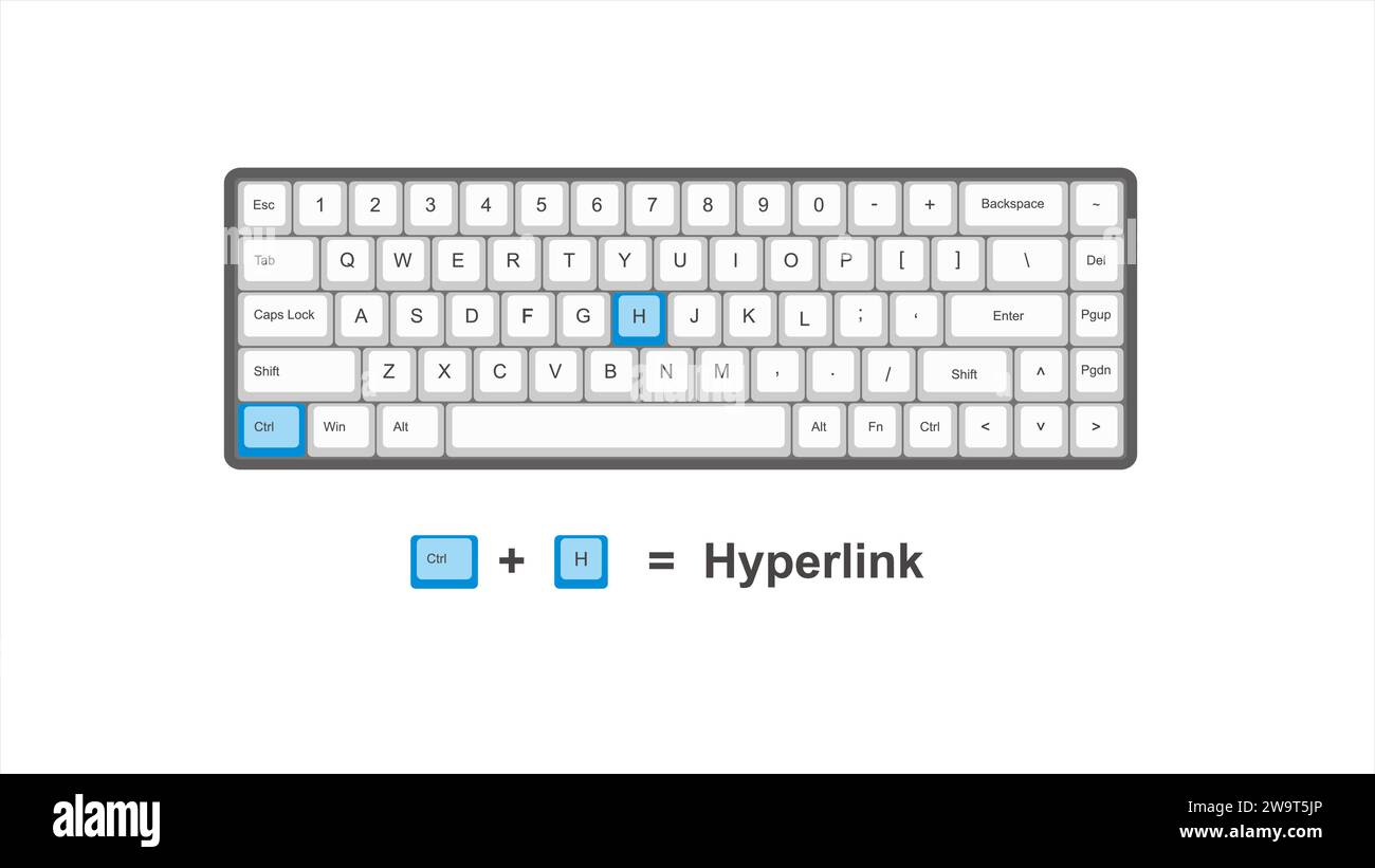 Vektorsteuerung H Hyperlink - Tastenkombinationen - Fenster mit weißer und blauer Abbildung der Tastatur und transparentem Hintergrund isoliert Stock Vektor