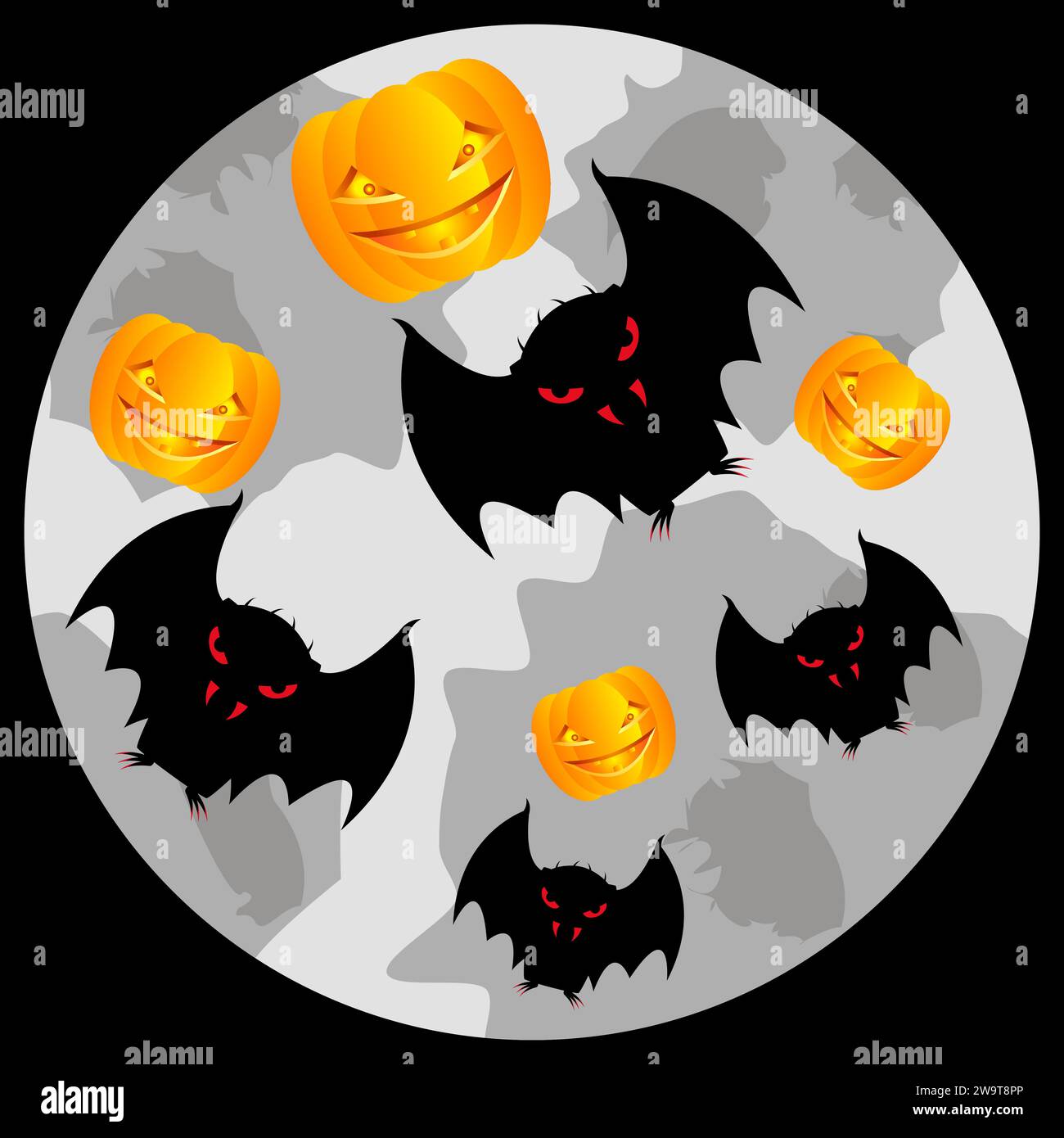 Eine Schar Fledermäuse und Kürbisse auf dem Hintergrund des Mondes. Halloween-Thema. Nächtlicher schwarzer Hintergrund. Vektorabbildung. Stock Vektor