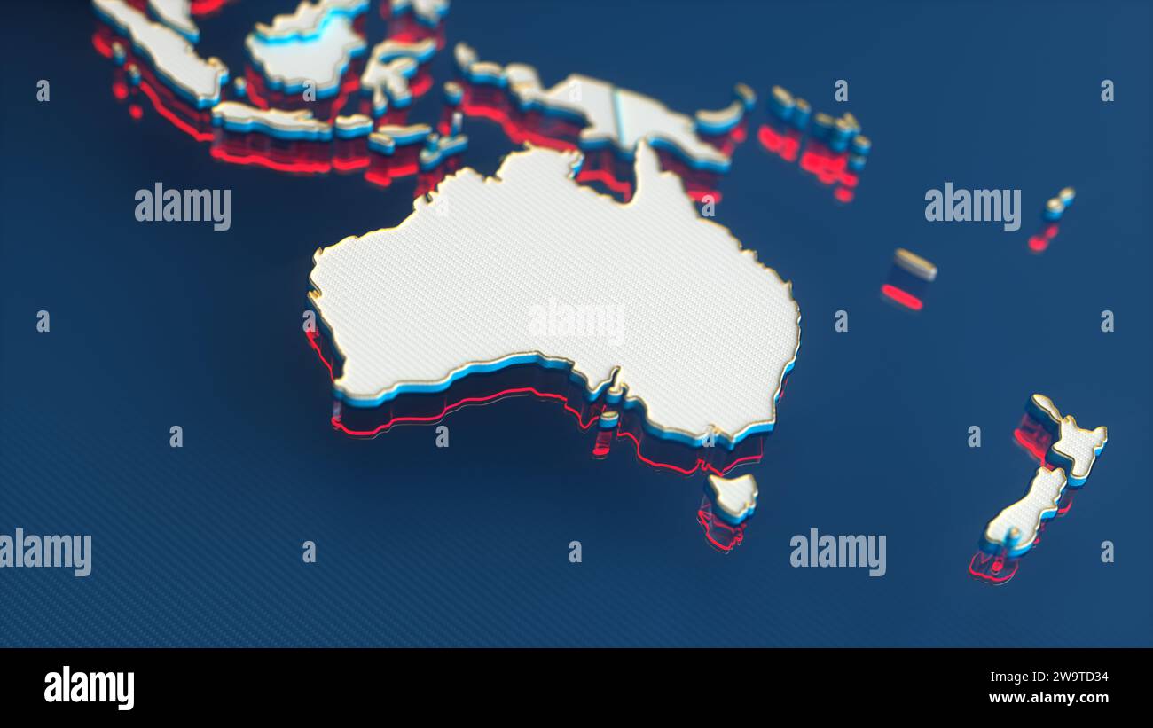 Weiße Weltkarte mit australischem Kontinent, Goldgrenzen und roter Umriss auf blauem Hintergrund. Abbildung 3D-Rendering. Stockfoto