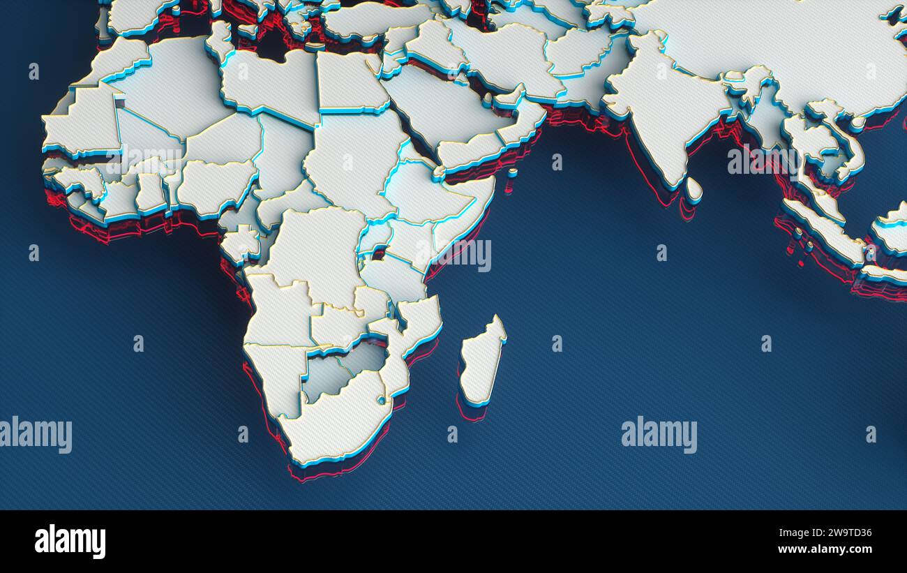 Weiße Weltkarte mit afrikanischem Kontinent und Ländern, Goldgrenzen und roter Umriss auf blauem Hintergrund. Abbildung 3D-Rendering. Stockfoto