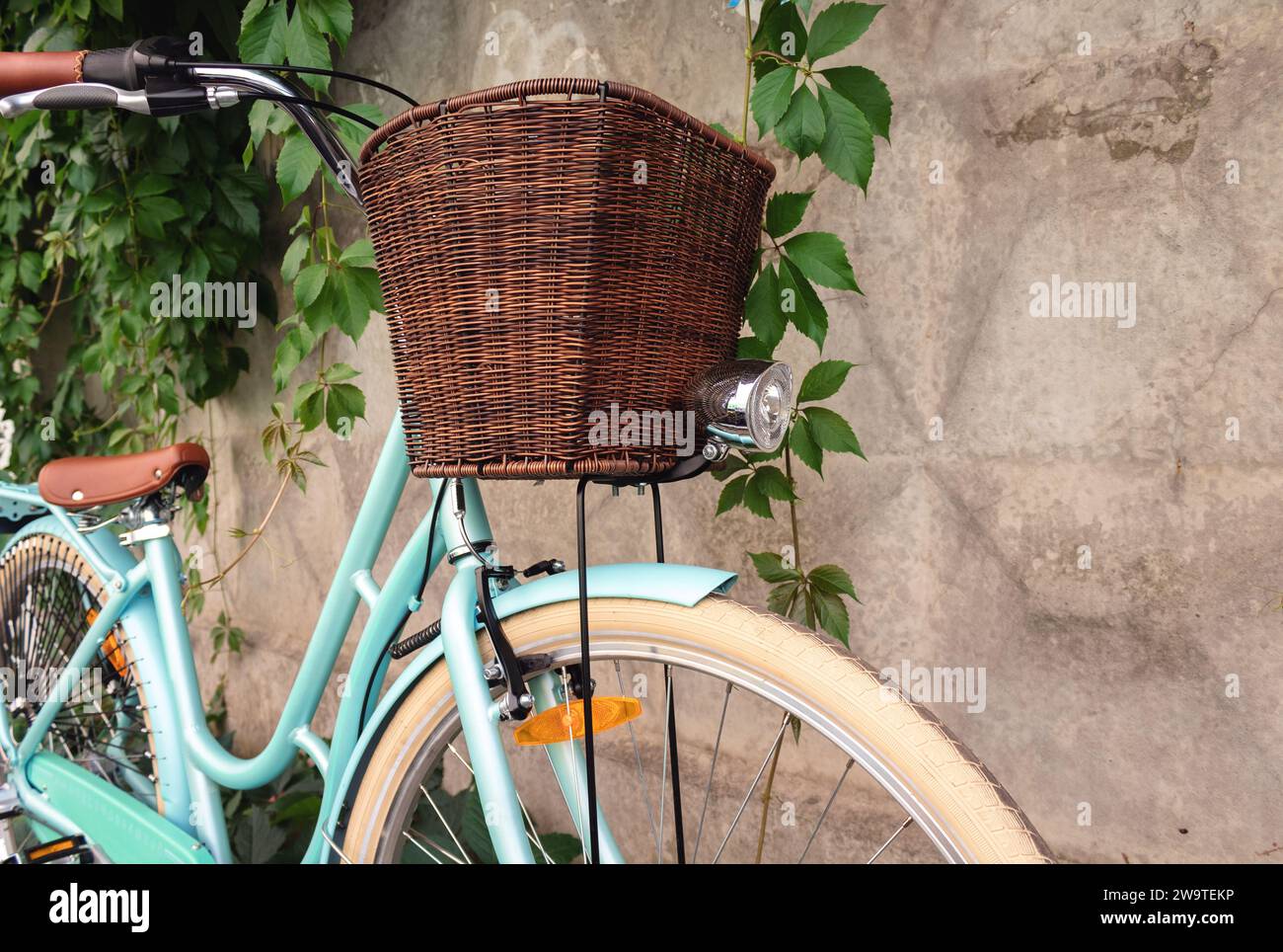 Vintage-Fahrrad mit Korb und Scheinwerfer steht in der Nähe eines Betonzauns mit grünen Pflanzen. Stockfoto