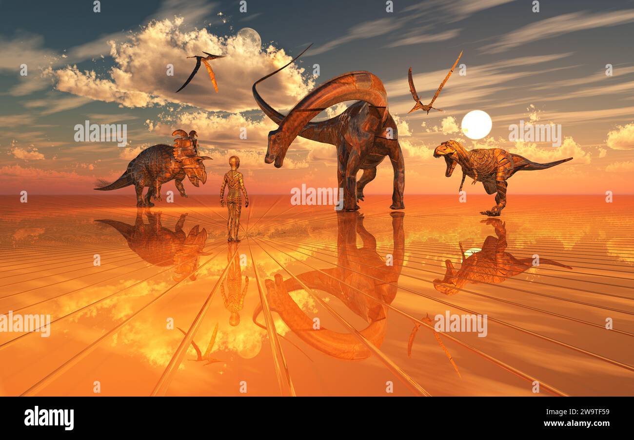 AI Transhuman Boy, in Einem Roboter-Dinosaurier Par I A Stockfoto