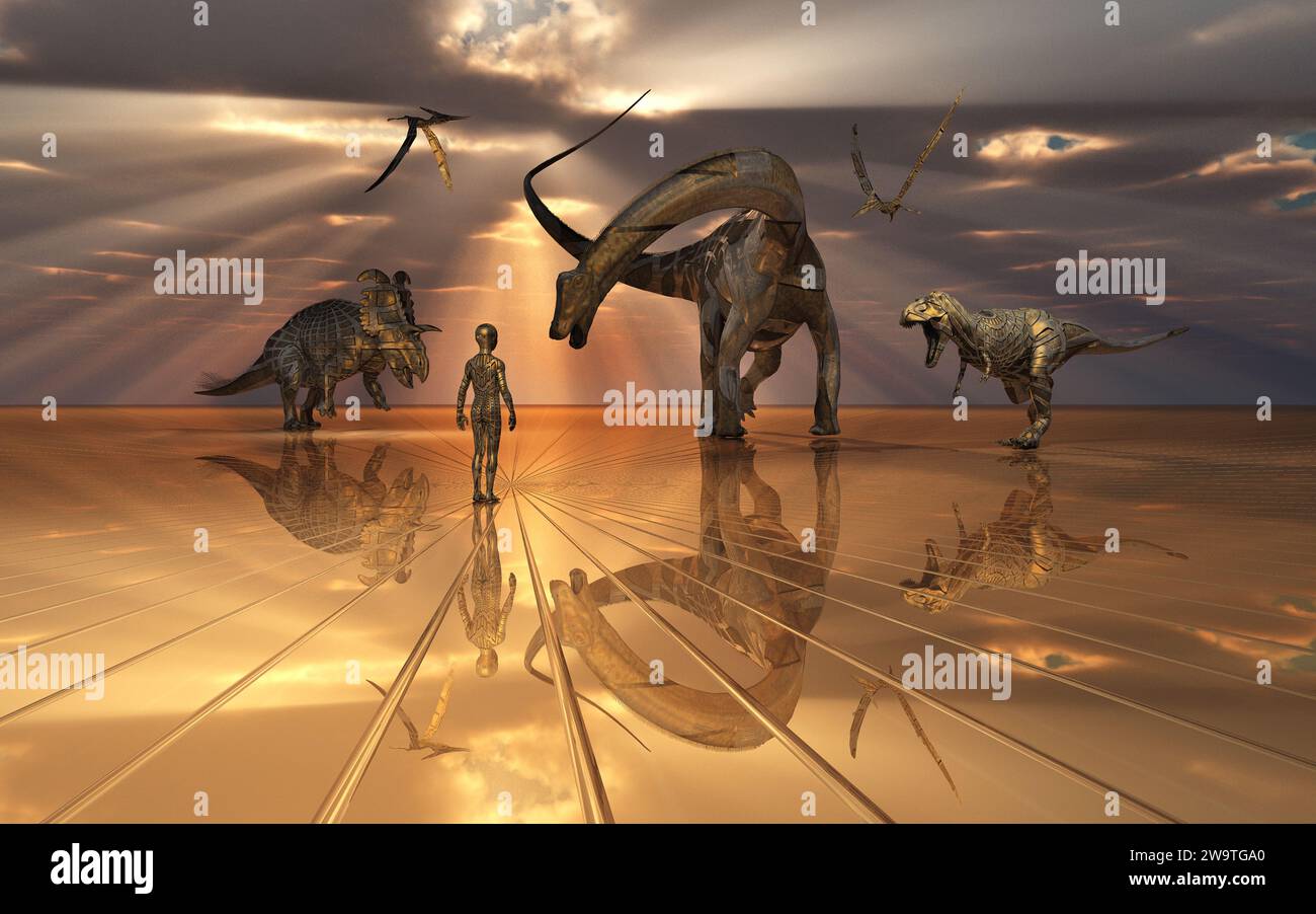 AI Transhuman Boy, in Einem Roboter-Dinosaurier Par I A Stockfoto