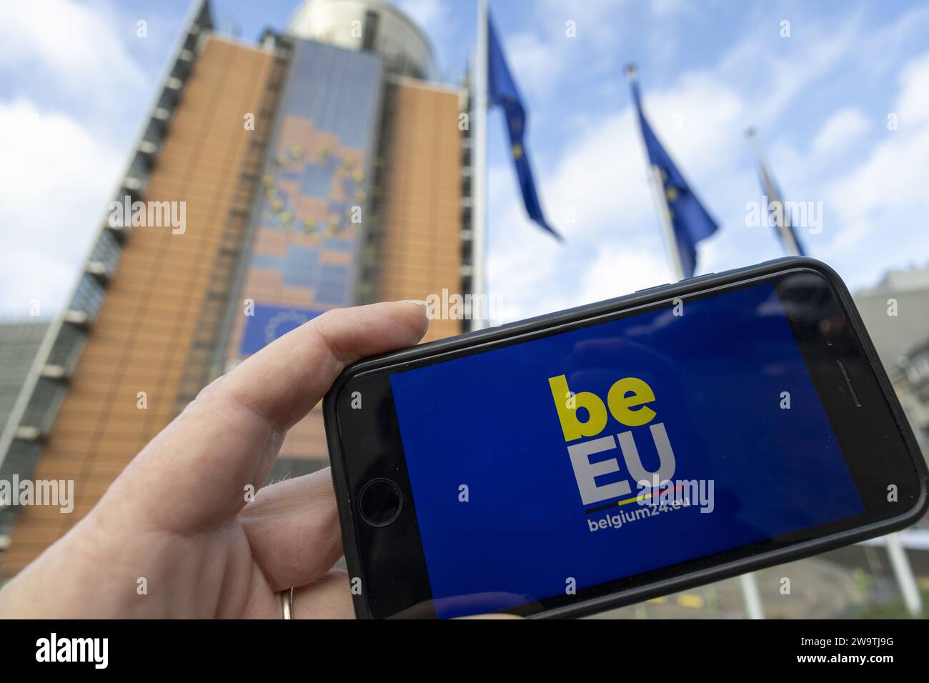 Brüssel, Belgien Dezember 2023 30. Die Abbildungen zeigen das belgische EU-Präcidency-Logo. Am 1. Januar 2024 beginnt der belgische Ratsvorsitz der Europäischen Union. BELGA FOTO NICOLAS MAETERLINCK Credit: Belga News Agency/Alamy Live News Stockfoto