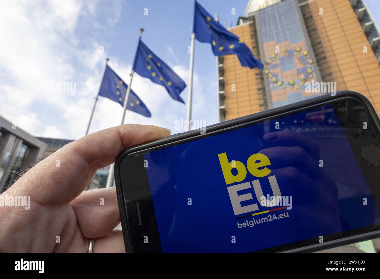 Brüssel, Belgien Dezember 2023 30. Die Abbildungen zeigen das belgische EU-Präcidency-Logo. Am 1. Januar 2024 beginnt der belgische Ratsvorsitz der Europäischen Union. BELGA FOTO NICOLAS MAETERLINCK Credit: Belga News Agency/Alamy Live News Stockfoto
