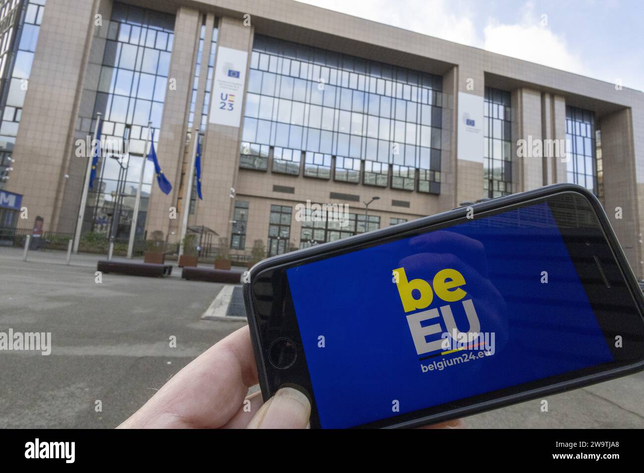 Brüssel, Belgien Dezember 2023 30. Die Abbildungen zeigen das belgische EU-Präcidency-Logo. Am 1. Januar 2024 beginnt der belgische Ratsvorsitz der Europäischen Union. BELGA FOTO NICOLAS MAETERLINCK Credit: Belga News Agency/Alamy Live News Stockfoto