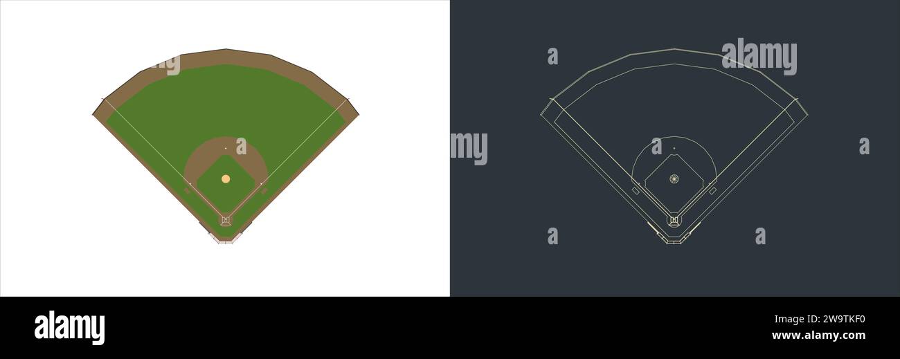 Vector Baseball Field Technische Illustration Line Art auf dem Blueprint Stock Vektor