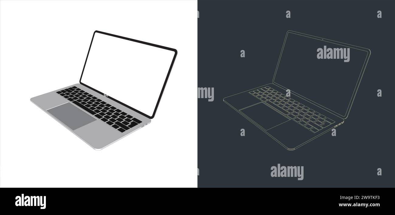 Vector Modern Laptop rahmenlos mit leerem Bildschirm isoliert auf transparentem Hintergrund Strichgrafik für Modell und Tapete Stock Vektor