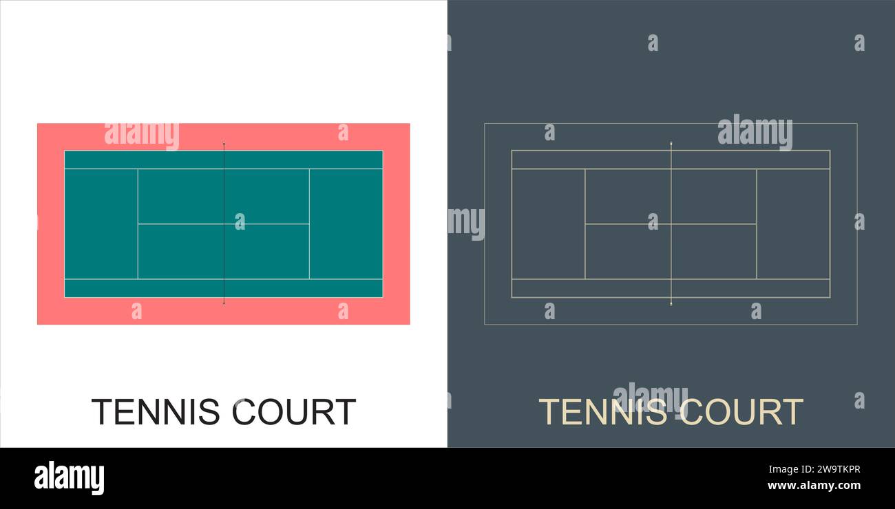 Vector Tennis Court Moderne minimalistische Linie Blueprint Drahtmodell Stock Vektor