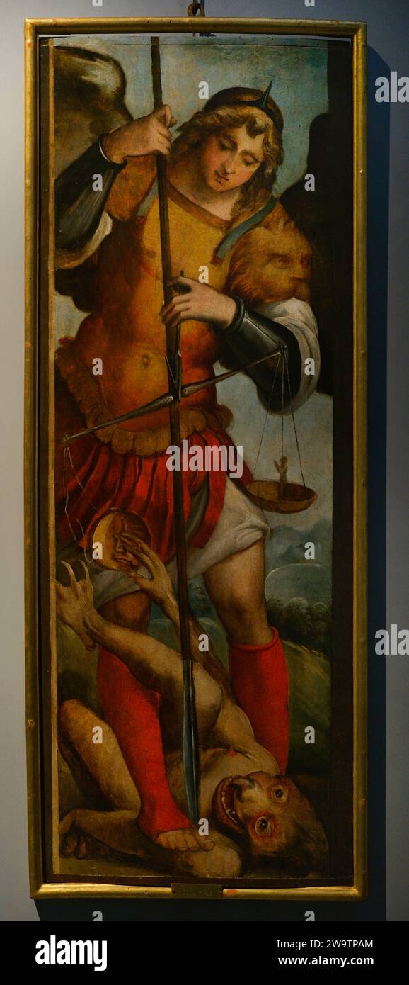 Der Heilige Michael der Erzengel. Öl auf Platte von einem kremonesischen Maler, 1525-1530. Museo Civico Ala Ponzone. Cremona. Lombardei. Italien. Stockfoto