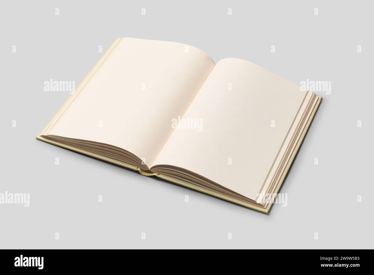 Geöffnetes leeres gelbes Hardcover-Buch isoliert auf neutralgrauem Hintergrund, grafische Ressource für Modellvorlagen Stockfoto