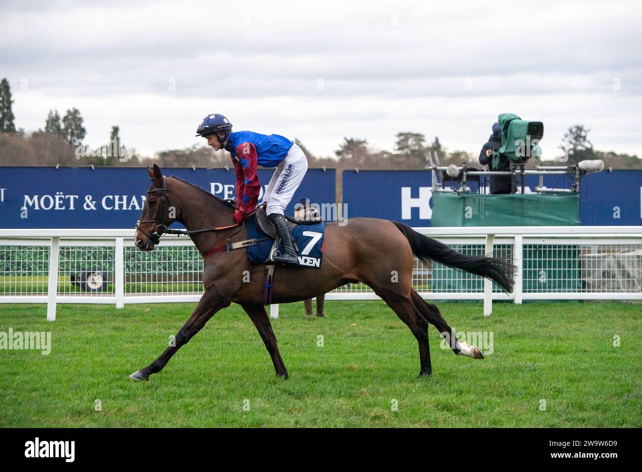 Ascot, Großbritannien. Dezember 2023. Horse Paisley Park, geritten von Jockey Tom Bellamy, geht auf die Rennstrecke auf der Ascot Racecourse, um beim Howden Long Walk Hürdle Race am Howden Christmas Racing Weekend zu Rennen. Besitzer Andrew Gemmell. Trainerin Emma Lavelle, Marlborough. Sponsor Von Hatherden Horse Transport. Kredit: Maureen McLean/Alamy Stockfoto