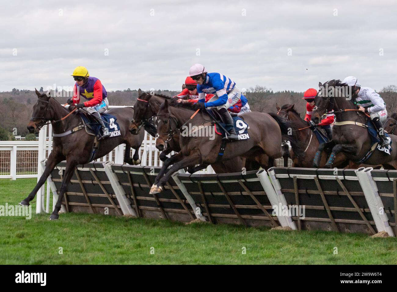 Ascot, Großbritannien. Dezember 2023. Horse Dashel Drasher (Nr. 4), geritten von Jockey Rex Dingle und Horse Blueking D'Oroux, überwinden eine Hürde beim Howden Long Walk Hürdenrennen auf Ascot Racecoures am zweiten Tag des Howden Christmas Racing Weekend. Kredit: Maureen McLean/Alamy Stockfoto