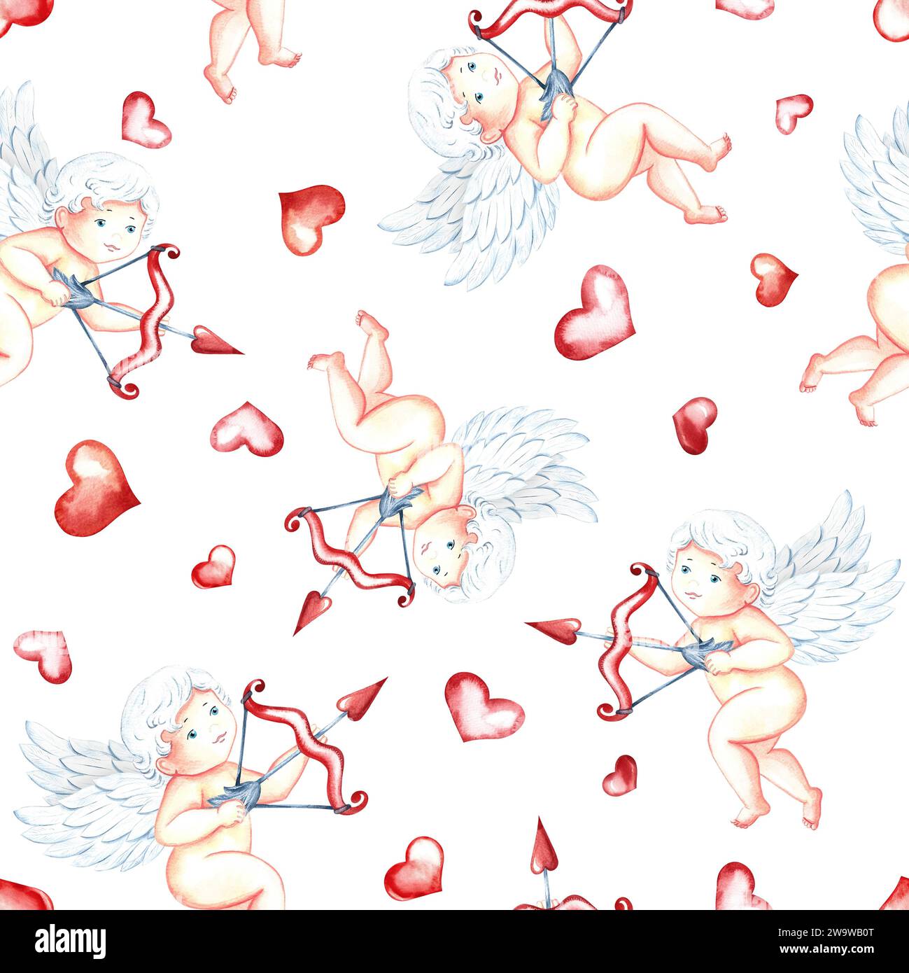 Nahtloses Muster mit niedlichen Cupids mit Schleife, Pfeilen und Herzen. Kleine Engel. Handgezeichnete Aquarellillustration. Zum Valentinstag und zur Hochzeit. Für Stockfoto