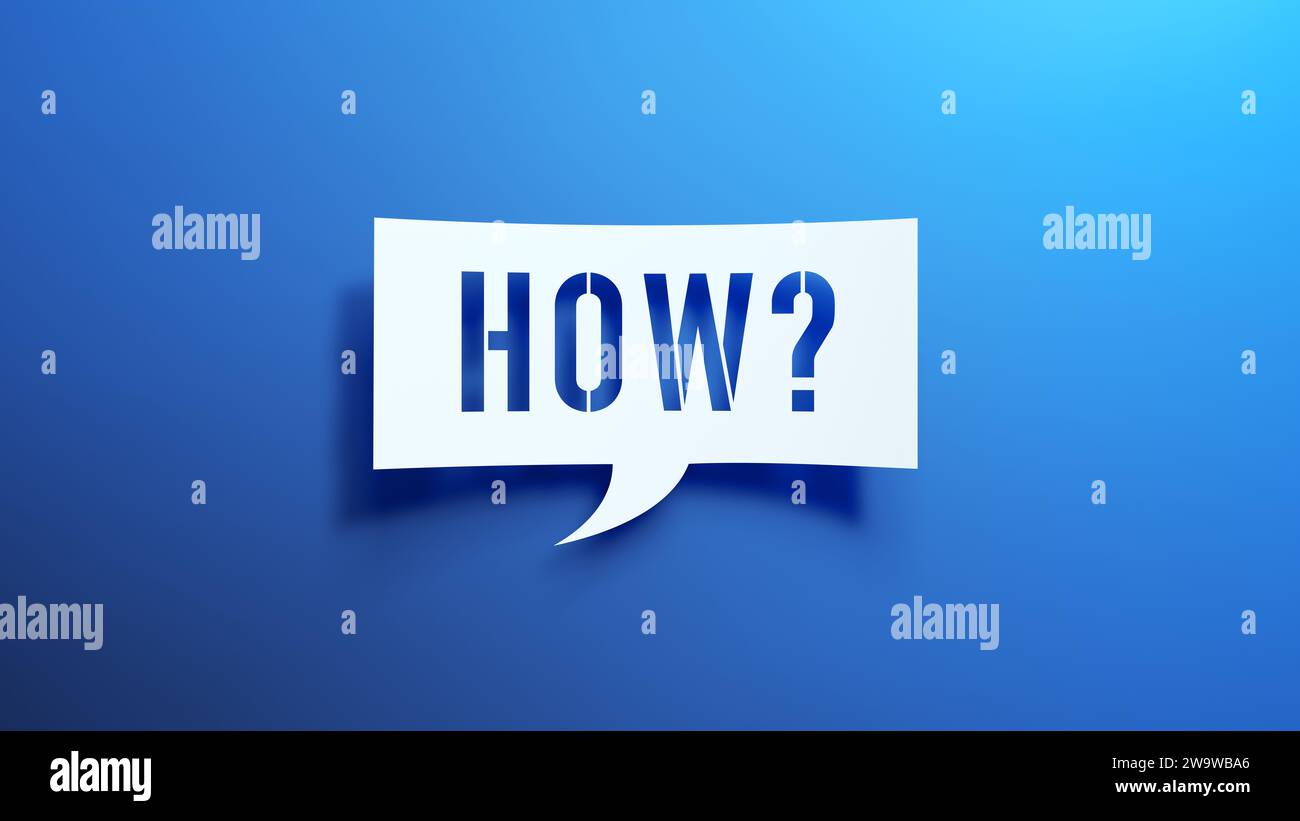 Wie – Sprechblasen. Minimalistisches abstraktes Design mit weißem Ausschnittpapier auf blauem Hintergrund. 3D-Rendern. Stockfoto