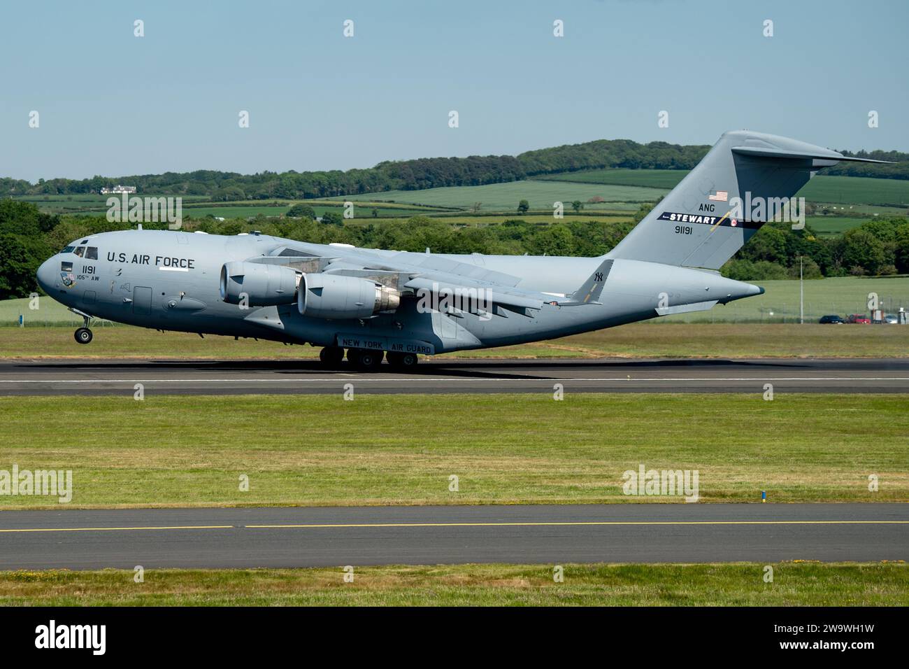 United States Air Force McDonnell Douglas C-17A Globemaster III 89-1191 Landung am Flughafen Glasgow-Prestwick, Schottland, Vereinigtes Königreich, Vereinigtes Königreich Stockfoto