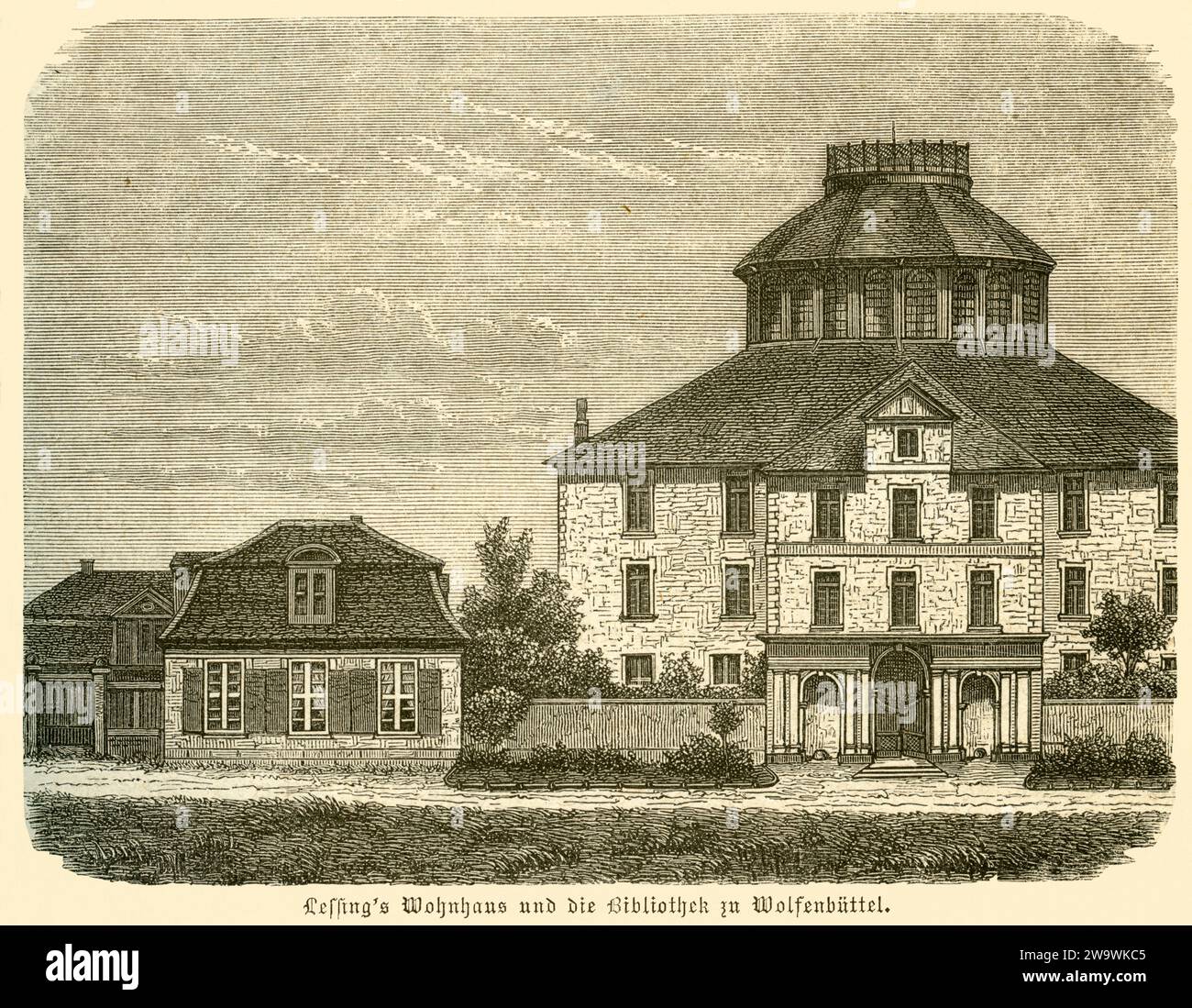 Europa, Deutschland, Niedersachsen, Wolfenbüttel, Gotthold Ephraim Lessing, deutscher Schriftsteller , Wohnhaus und die Bibliothek in Wolfenbüttel, Motiv aus : Illustrirte Geschichte des deutschen Schriftthums in volksthümlicher Darstellung , von Otto Leixner, zweite Band, Verlag und Druck von Otto Spamer, Leipzig und Berlin, 1881 . / Europa, Deutschland, Niedersachsen, Wolfenbüttel, Gotthold Ephraim Lessing, deutscher Schriftsteller, sein Haus und die Bibliothek in Wolfenbüttel, Bild aus : Illustrirte Geschichte des deutschen Schrifttums in volkstümlicher Darstellung Stockfoto