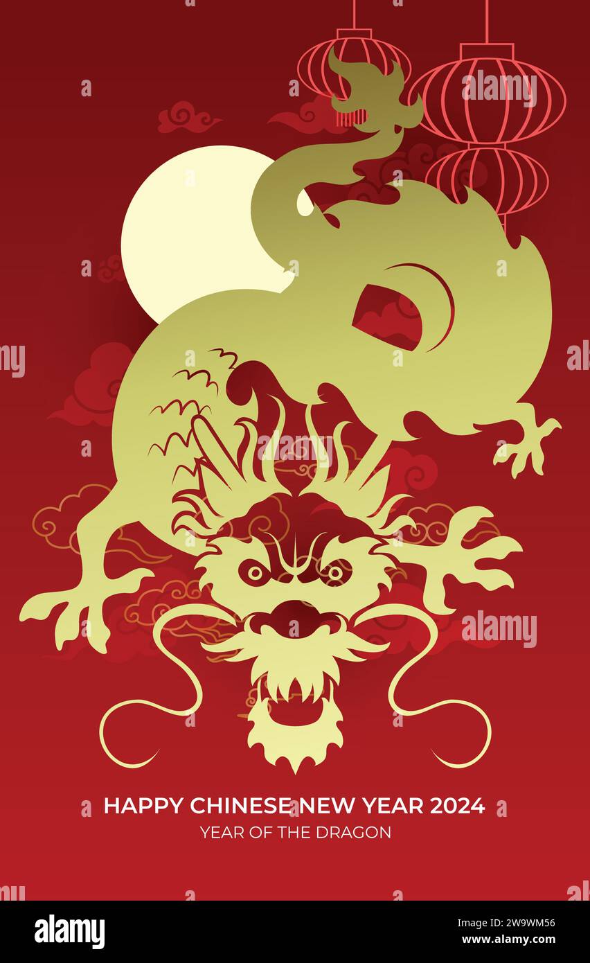Traditionelles chinesisches Drachen Neujahr 2024 Gold und Rot. Asiatische Drachenfront fliegt auf Vollmondhintergrund. Drache im Papierschnitt. Stock Vektor