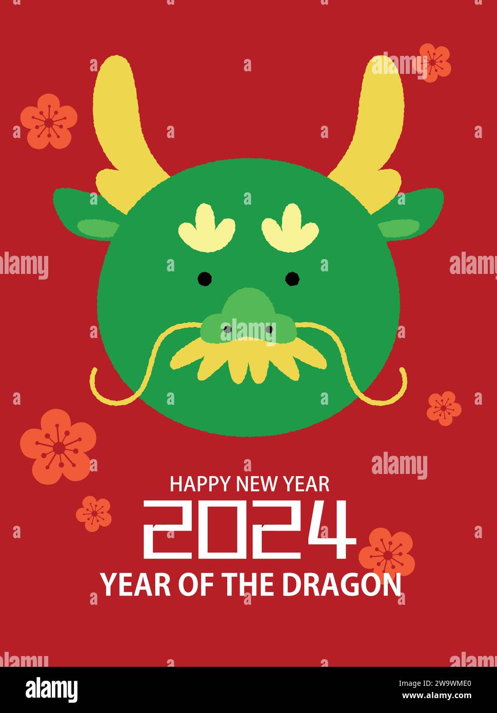Happy chinese New Year 2024, Year of the Dragon nette Grußkarte, lustiger asiatischer Drachenkopf mit Pflaumenblüten für das Mondneujahrsfest. Stock Vektor