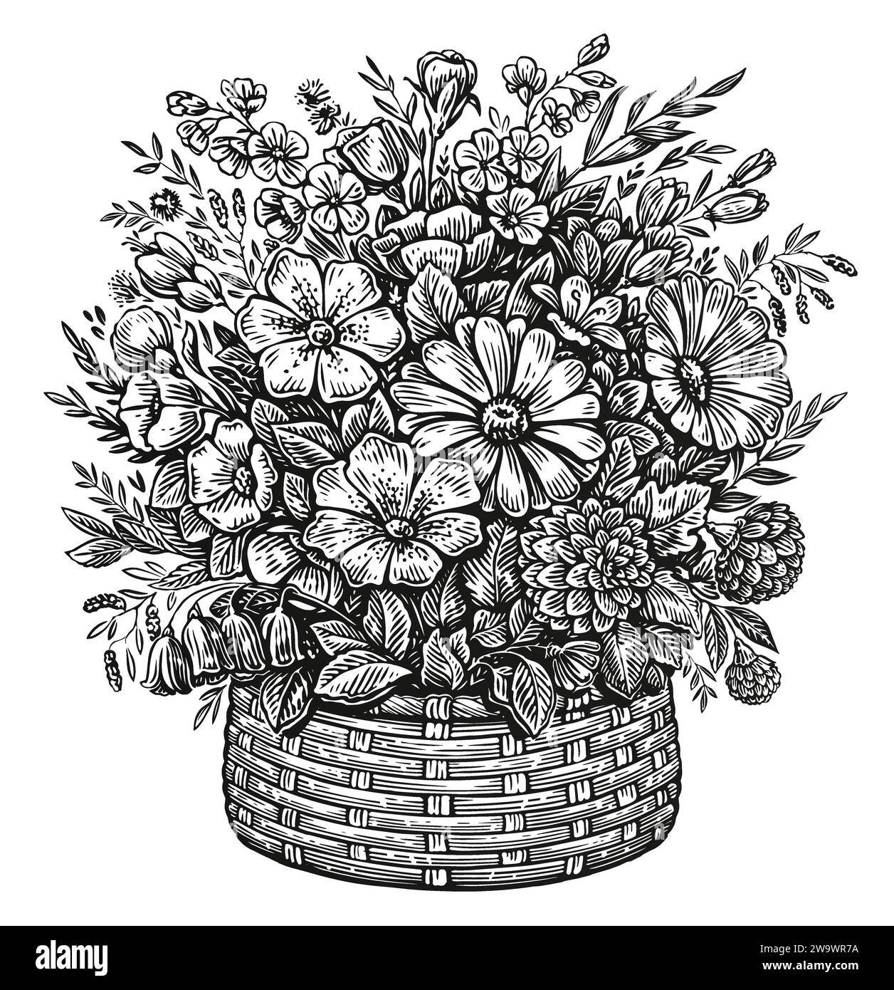 Abbildung der Skizze mit Blumenanordnung. Handgezeichneter Korb mit Wildblumen im Vintage-Gravurstil Stock Vektor