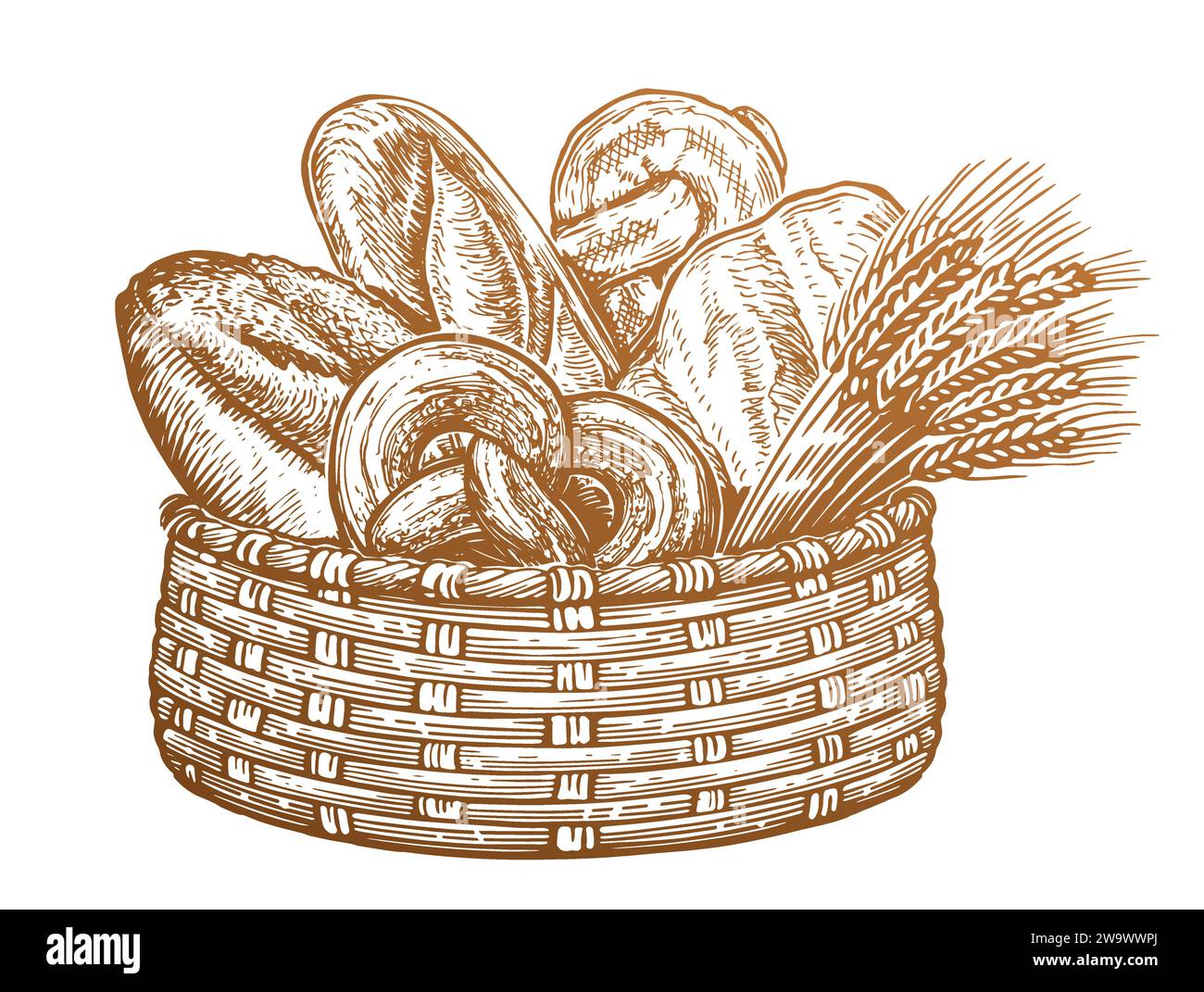 Verschiedene Brotsorten und Weizenohren im Korb. Frische Backwaren, Skizze Vintage Vektor Illustration Stock Vektor
