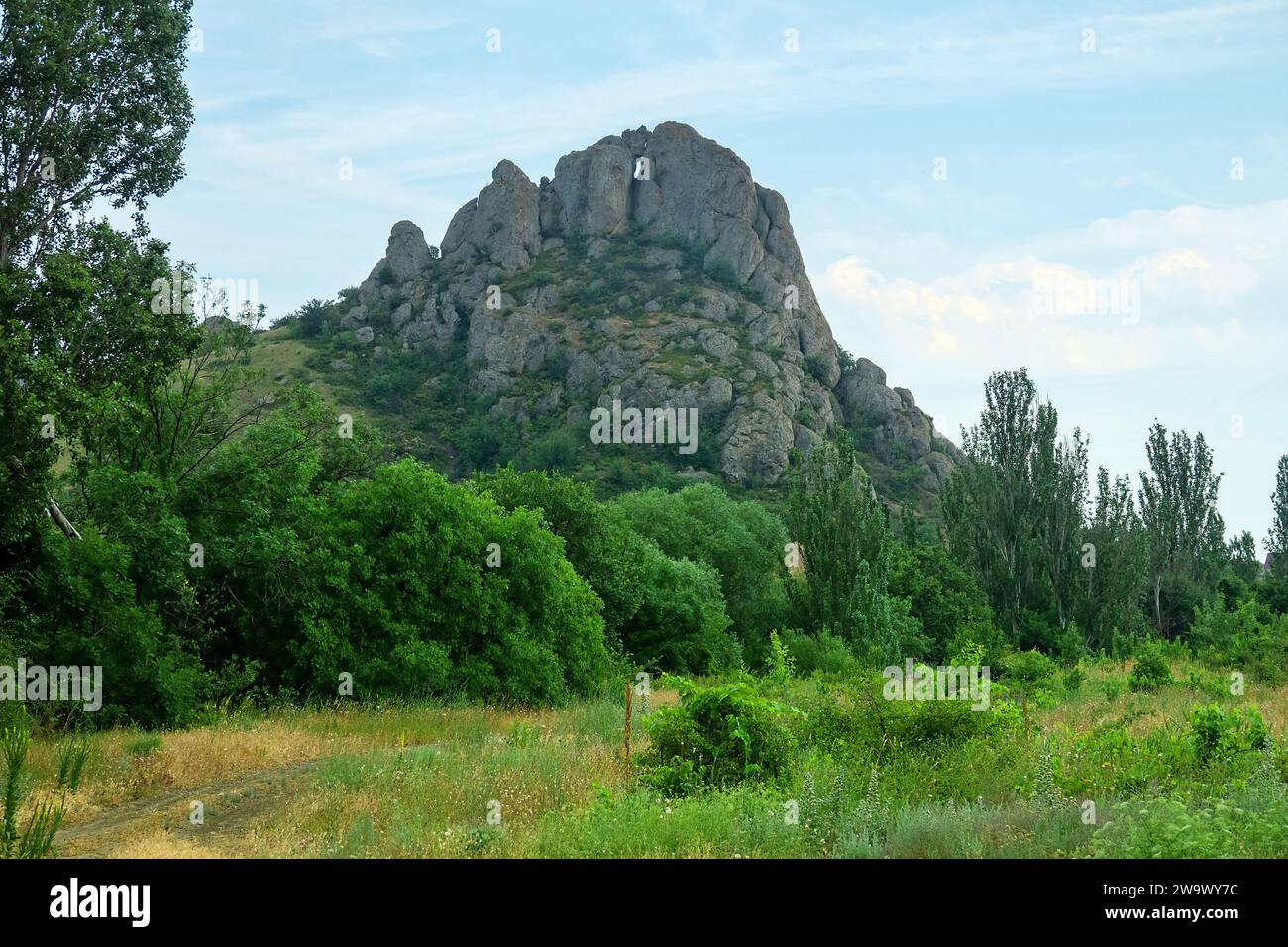 Krim-Berge. Fuß des Hauptkamms. Glen, Stream. Subtropen. Laubbäume (Pappeln bilden Harnstoff), Büsche, Wiese. Orogene Bewegungen gehören zum Typ Stockfoto
