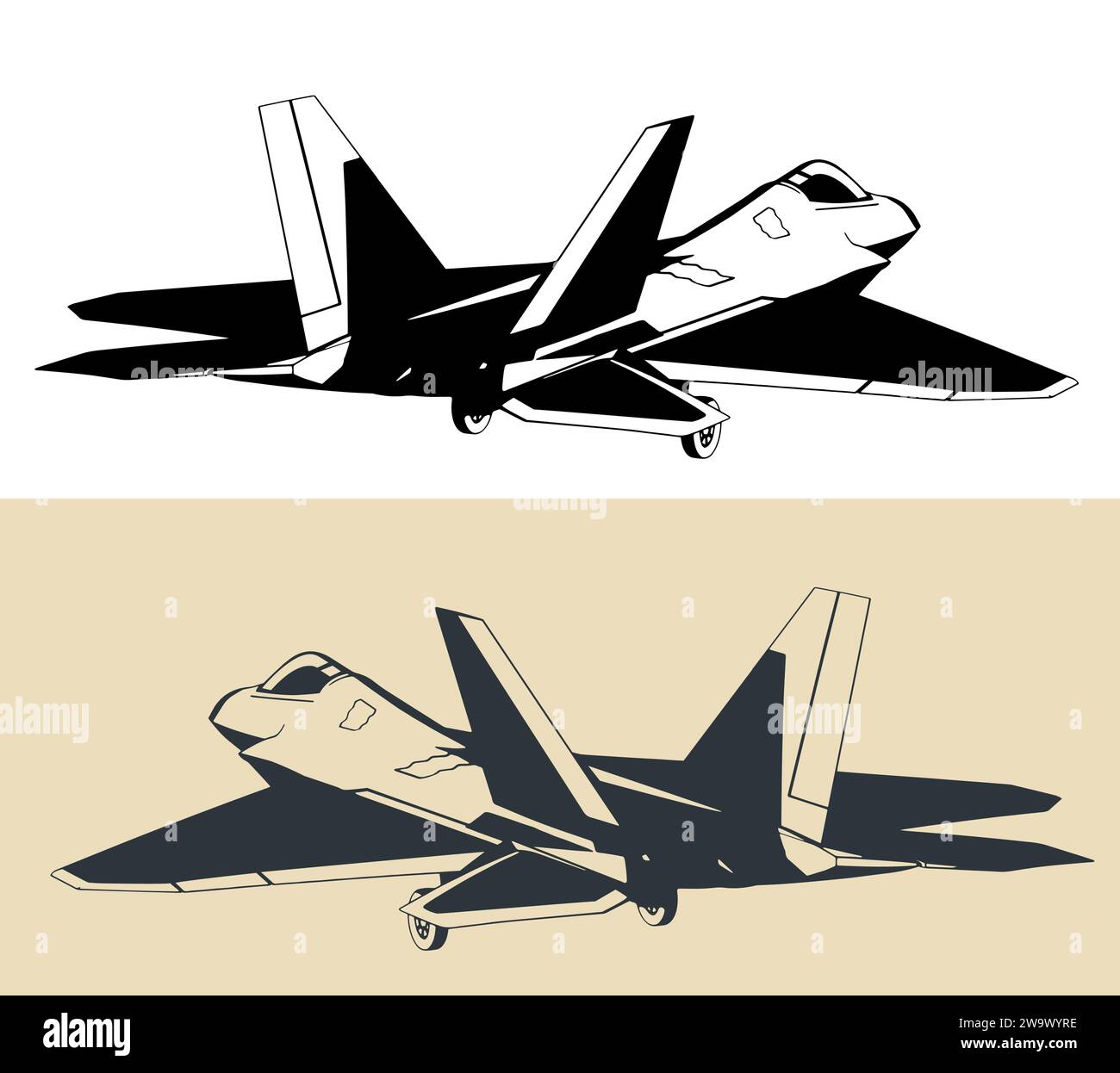 Stilisierte Zeichnung eines modernen Militärflugzeugs F-22 Raptor. Stealth-Kampfjet Stock Vektor
