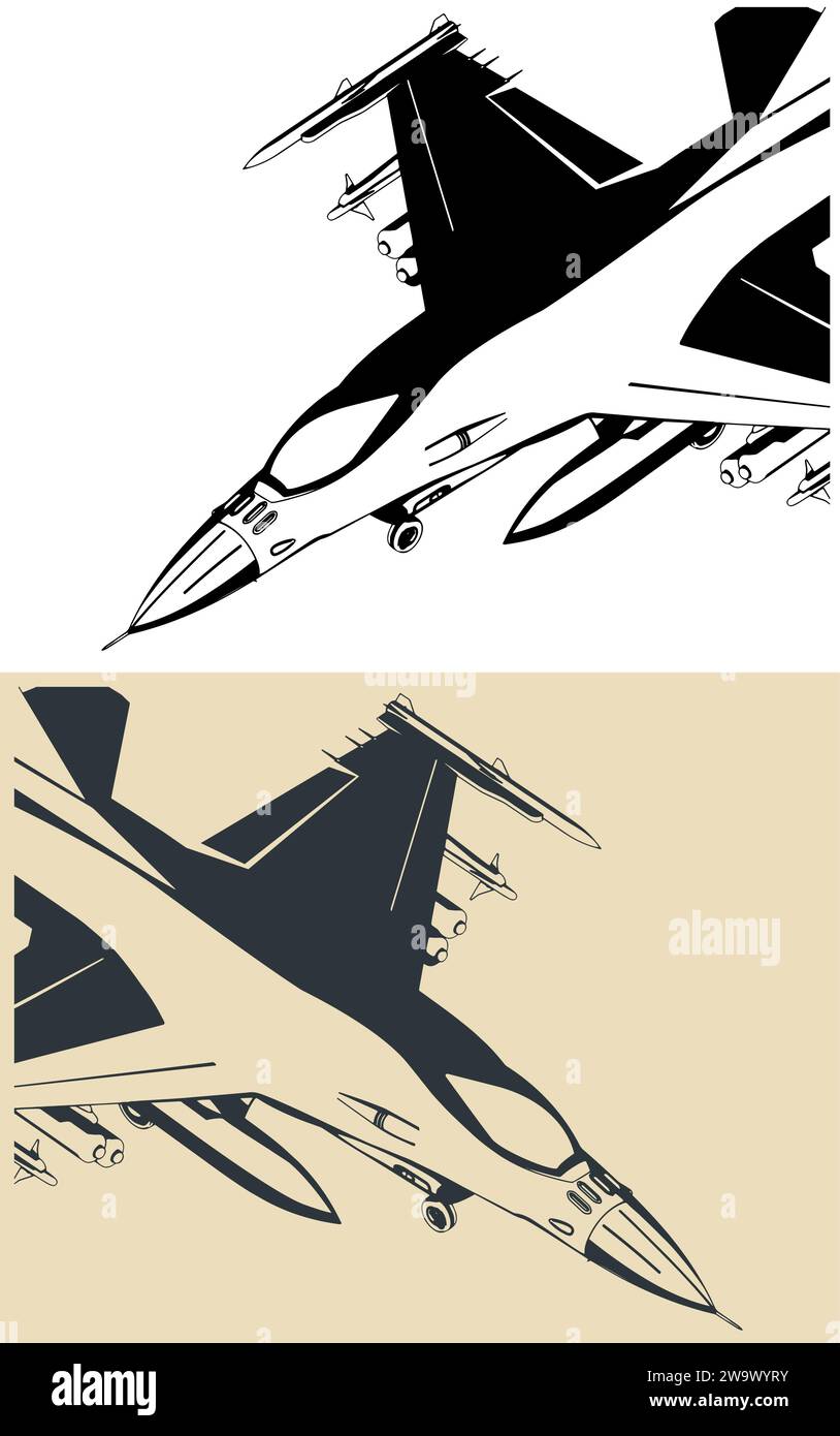 Stilisierte Zeichnung eines modernen Militärflugzeugs F-16 Mehrzweck-Leichtflugzeugs Stock Vektor
