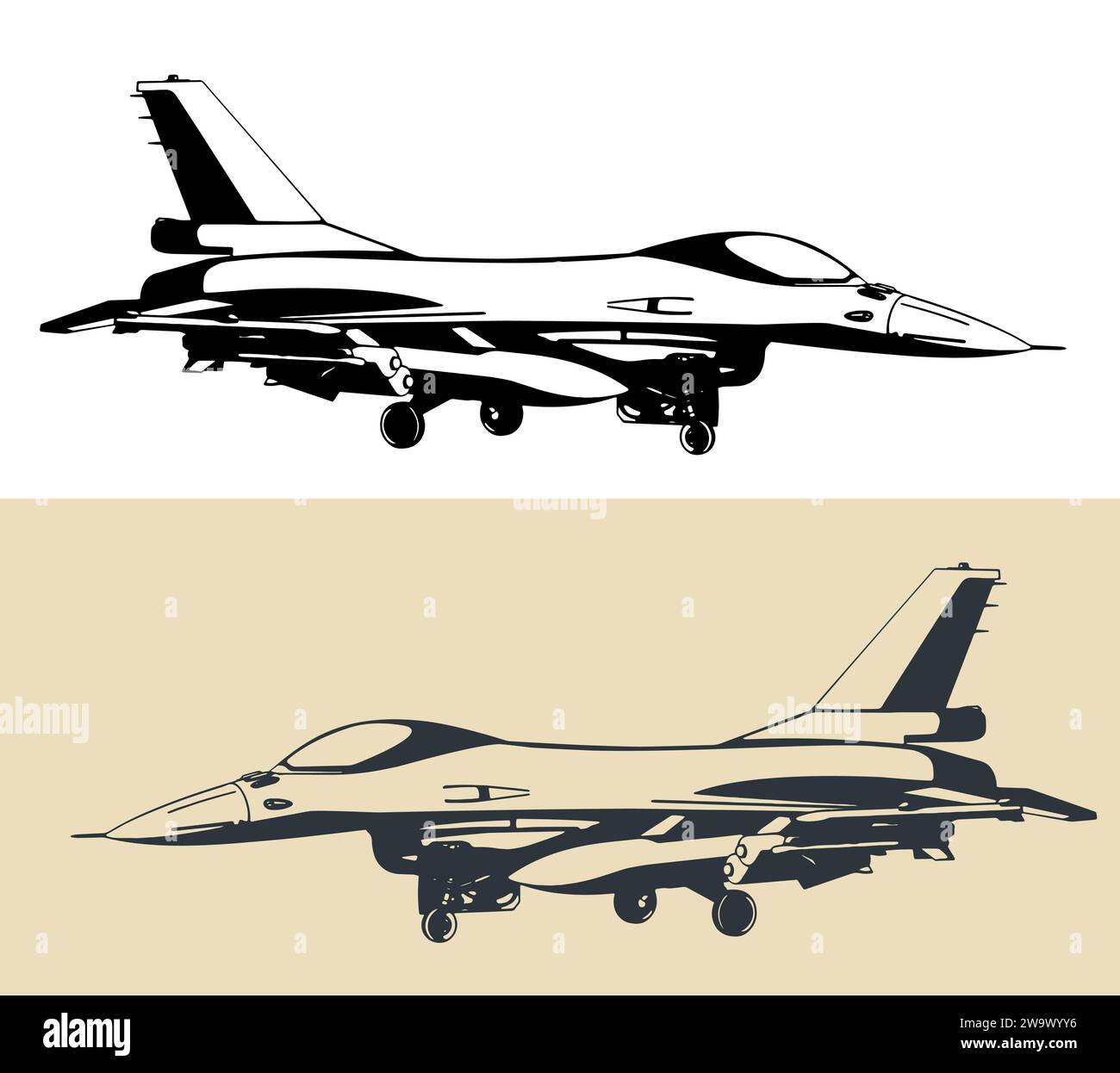 Stilisierte Zeichnung eines modernen Militärflugzeugs F-16 Mehrzweck-Leichtflugzeugs Stock Vektor