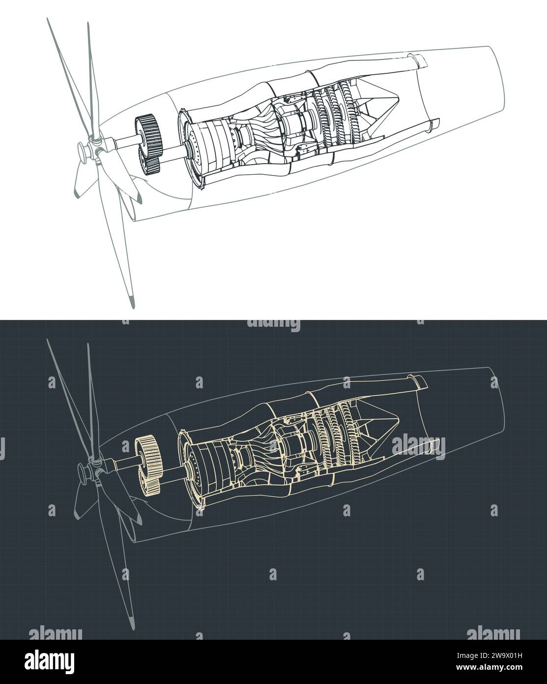 Stilisierte Vektor-Illustration von Blaupausen des Turboprop-Motors Stock Vektor