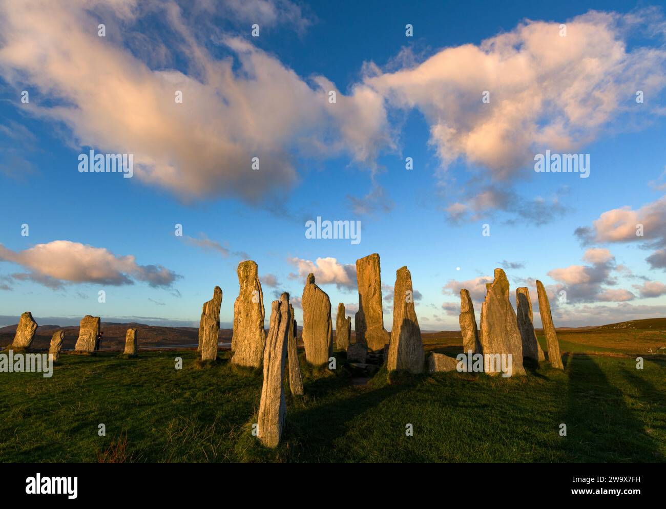 Die Calanais Standing Stones at Sunrise, Isle of Lewis, Äußere Hebriden, Schottland Stockfoto