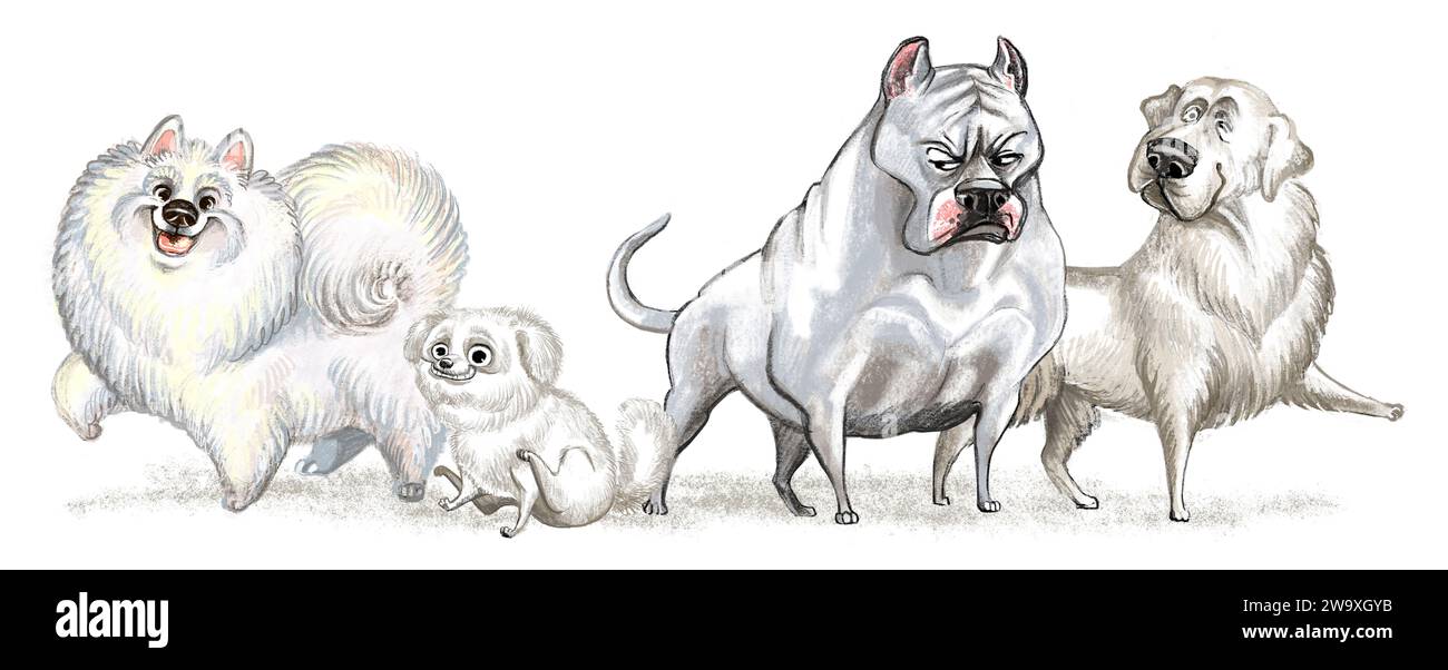 Niedliche lustige Zeichentrickfilme weiße Hunde Tierfiguren. Verschiedene Rassen Hündchen Illustration. Pelzige menschliche Freunde Heimtiere. Für Druck, Design, Aufkleber, T sh Stockfoto