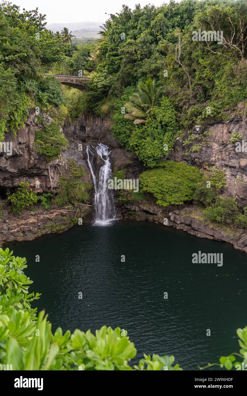 Ein ruhiger Wasserfall fällt in einen ruhigen natürlichen Pool, eingebettet in die üppige Landschaft des Nationalparks Haleakalā abseits der Piilani-Autobahn. Stockfoto