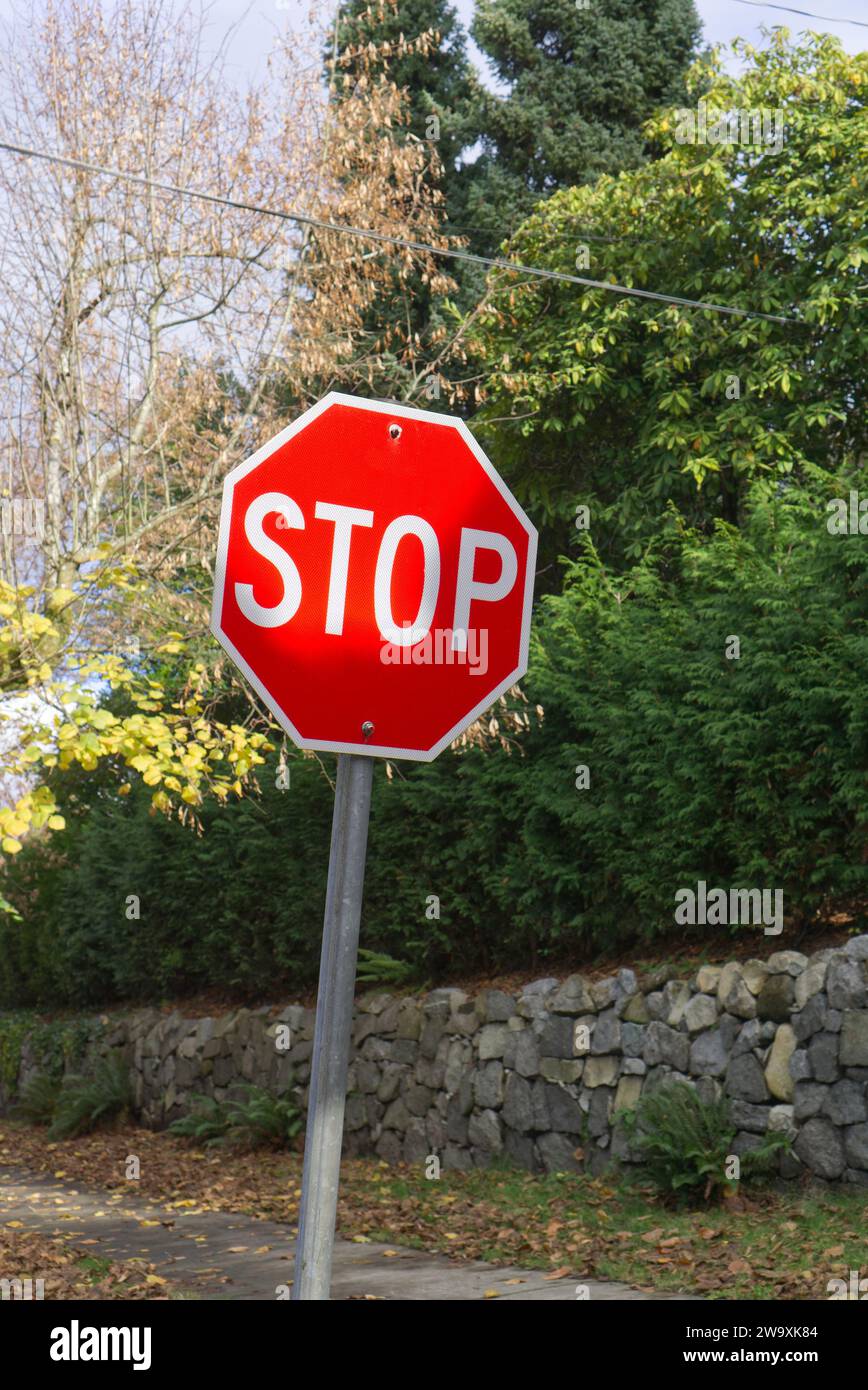 Nahaufnahme eines roten Stoppschildes in einem Wohnviertel Stockfoto