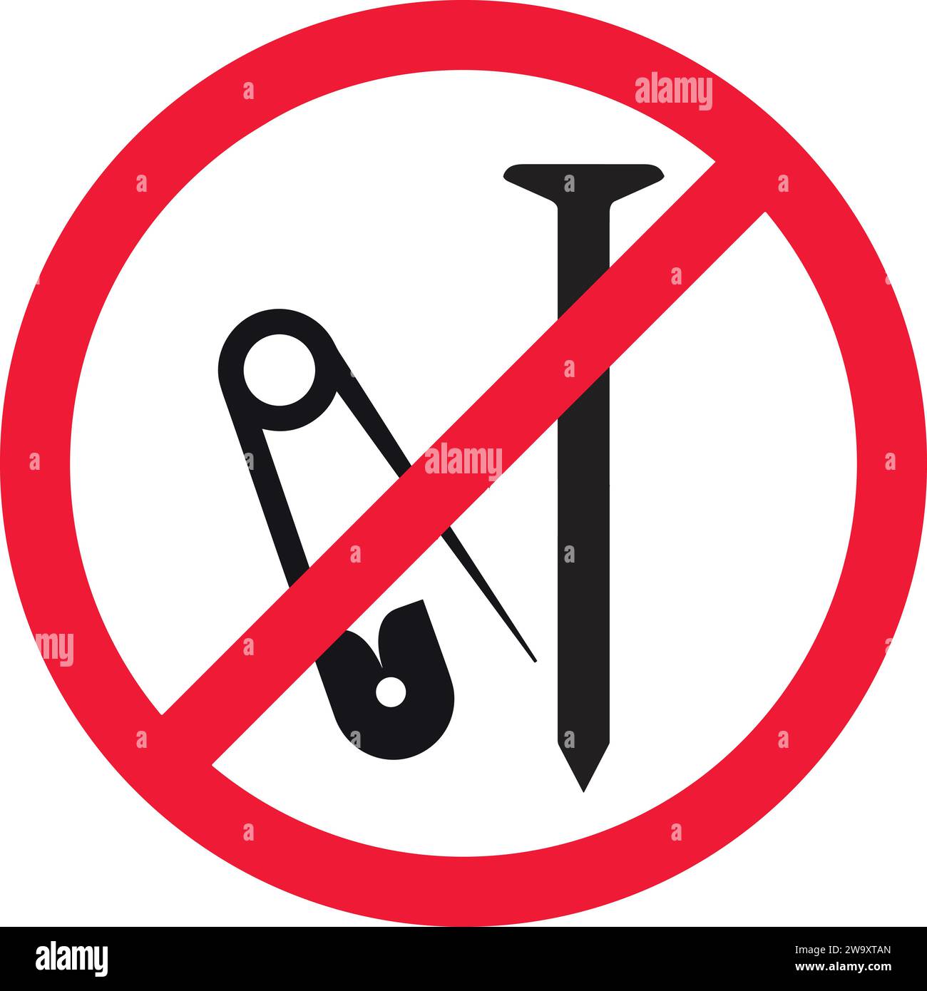 Metallnagel nicht erlaubt | keine Sicherheitsnadel | scharfes Objekt nicht erlaubt | Verbotsschilder Metallnägel und Sicherheitsnadel Stock Vektor