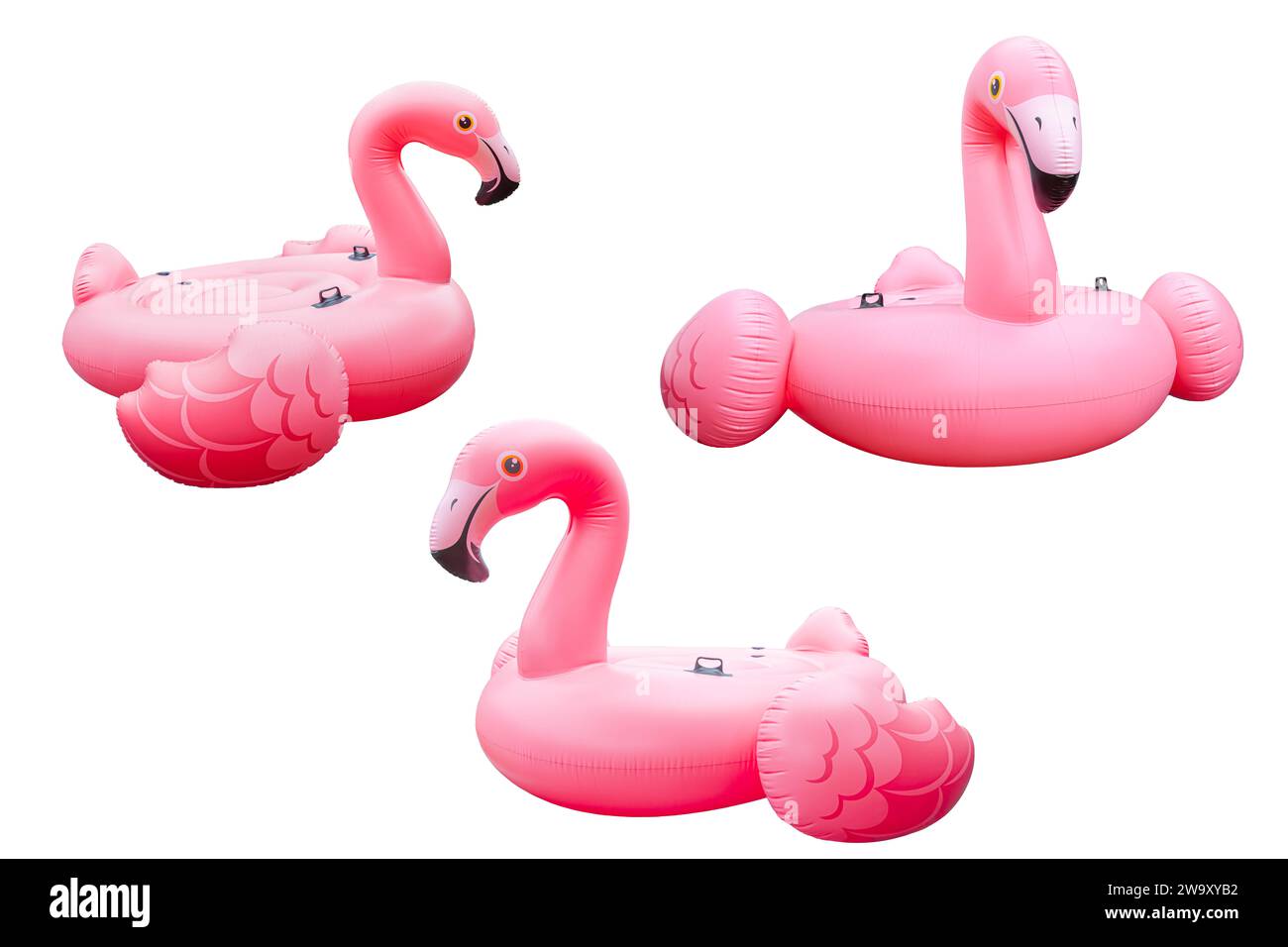 Rosa Pool Plastik aufblasbarer Flamingo isoliert auf weißem Hintergrund Stockfoto