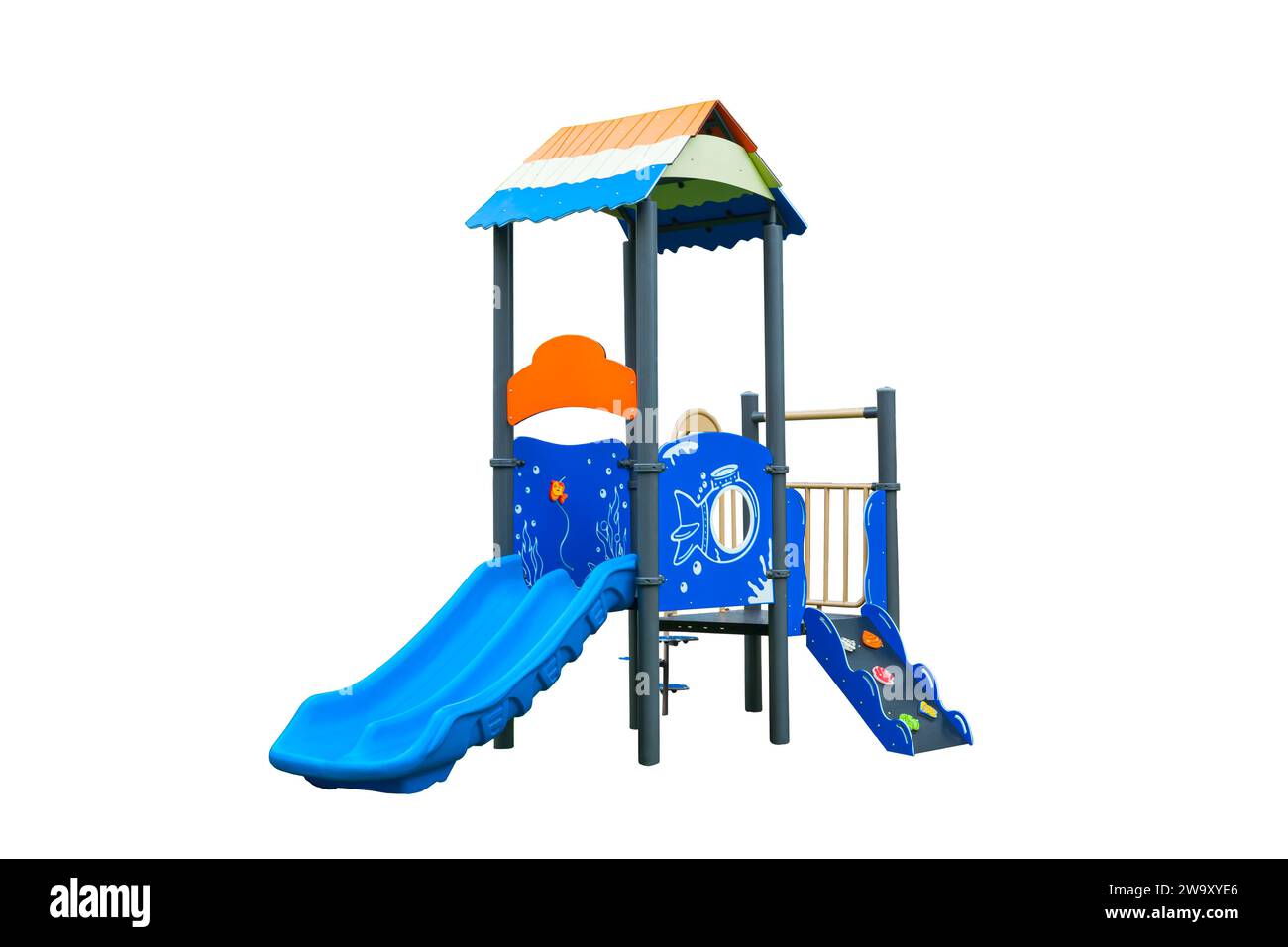 Bunte Outdoor-Rutsche Spielplatz Set isoliert auf weißem Hintergrund Stockfoto