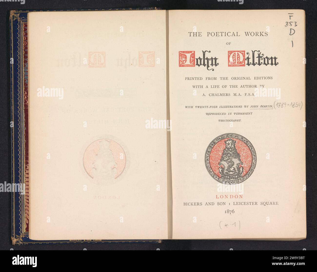 Die poetischen Werke von John Milton, John Milton, 1876 Buch London Paper. Leder. Kartondruck / doppelt gekämmtes Marmoriertes Papier Stockfoto