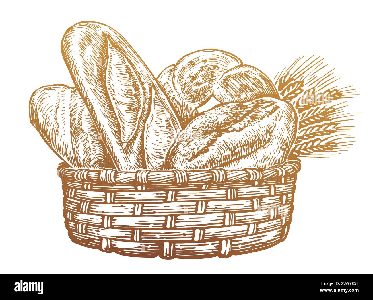Rustikaler Korb mit gebackenem frischem Brot. Bäckerei Essen, Brot Skizze Vintage Vektor Illustration Stock Vektor