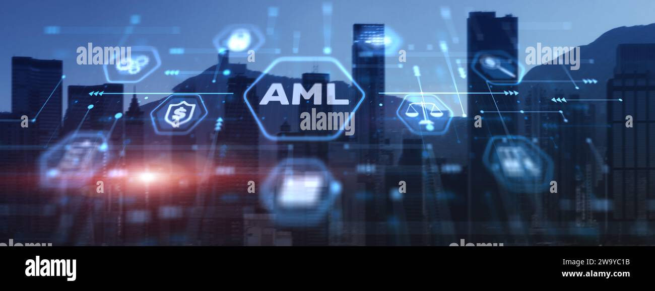 AML Anti Money Laundering Business Technology Concept der Finanzbank mit modernem Stadthintergrund. Stockfoto