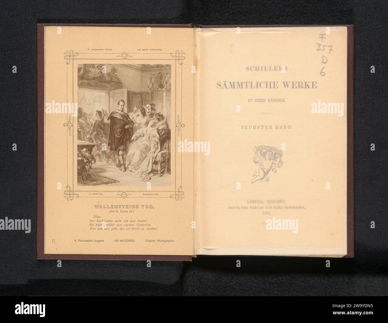 Fotoproduktion einer Zeichnung von Carl Jager, mit einer Szene aus Wallensteins Tod von Friedrich von Schiller, Friedrich BRUCKMANN, nach Carl Jager, um 1861 - in oder vor 1871 ist Max in einem Raum für eine bewusstlose oder tote Frau zu sehen. Fotografische Trägeralbumen drucken spezifische Werke der Literatur. Sterben Stockfoto
